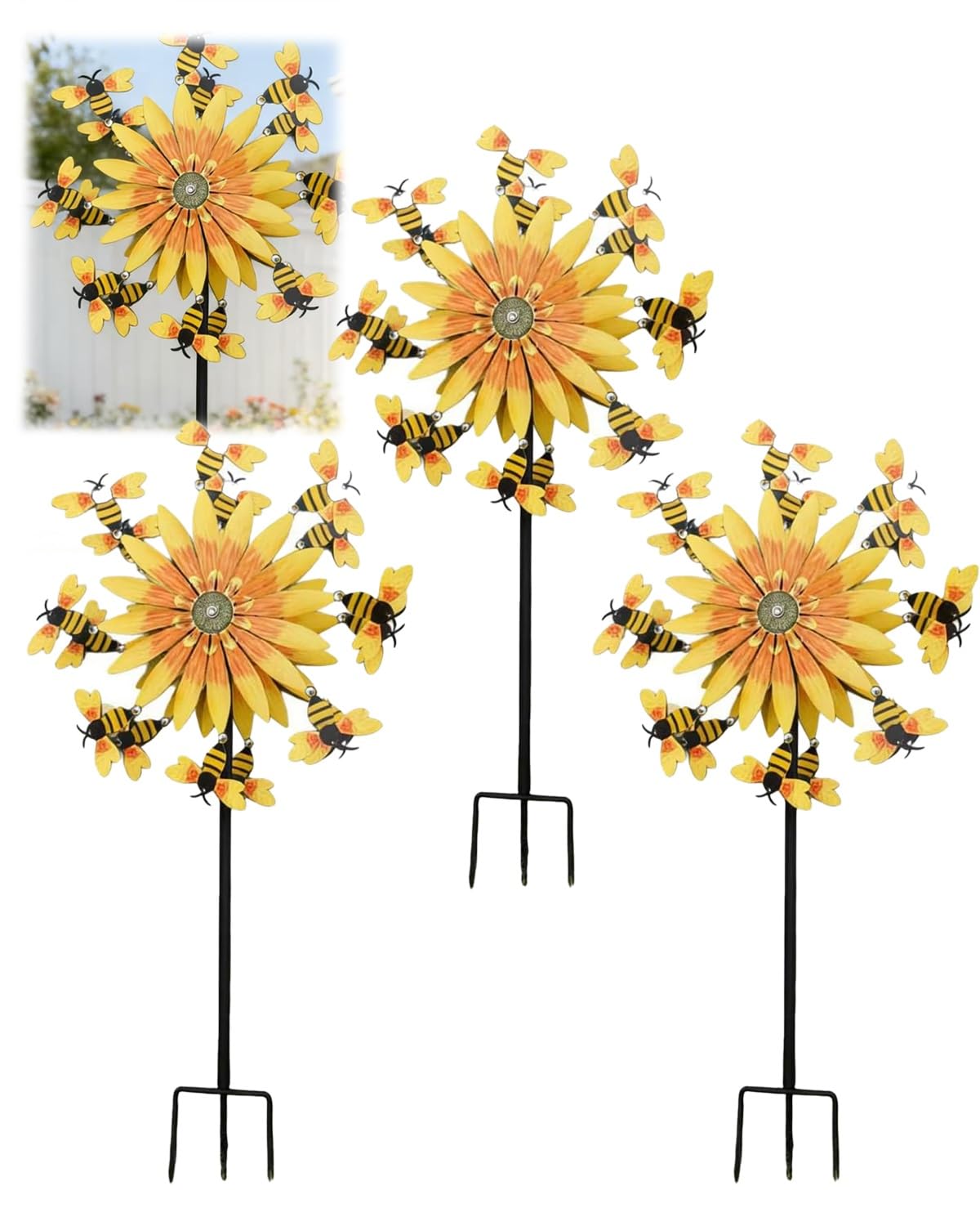 Sunflower and Bees Wind Spinner 3D Metal Kinetic Garden Stake with Rotating Blades UV Resistant Outdoor Vivid & Bee Windmill Whirligig Farm Style Yard Art Decor for Patio Lawn Ornament(3pcs)