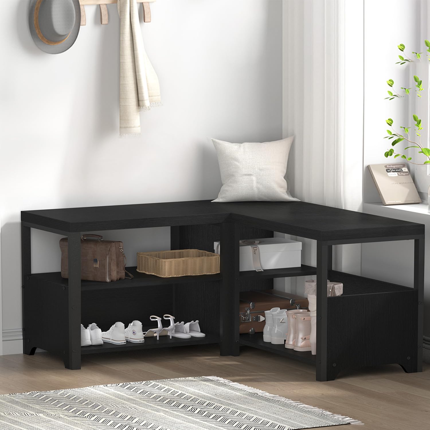 HSH Sitzbank Flur mit Stauraum Schuhbank Vintage Schwarze 33 x 145 x 51 cm