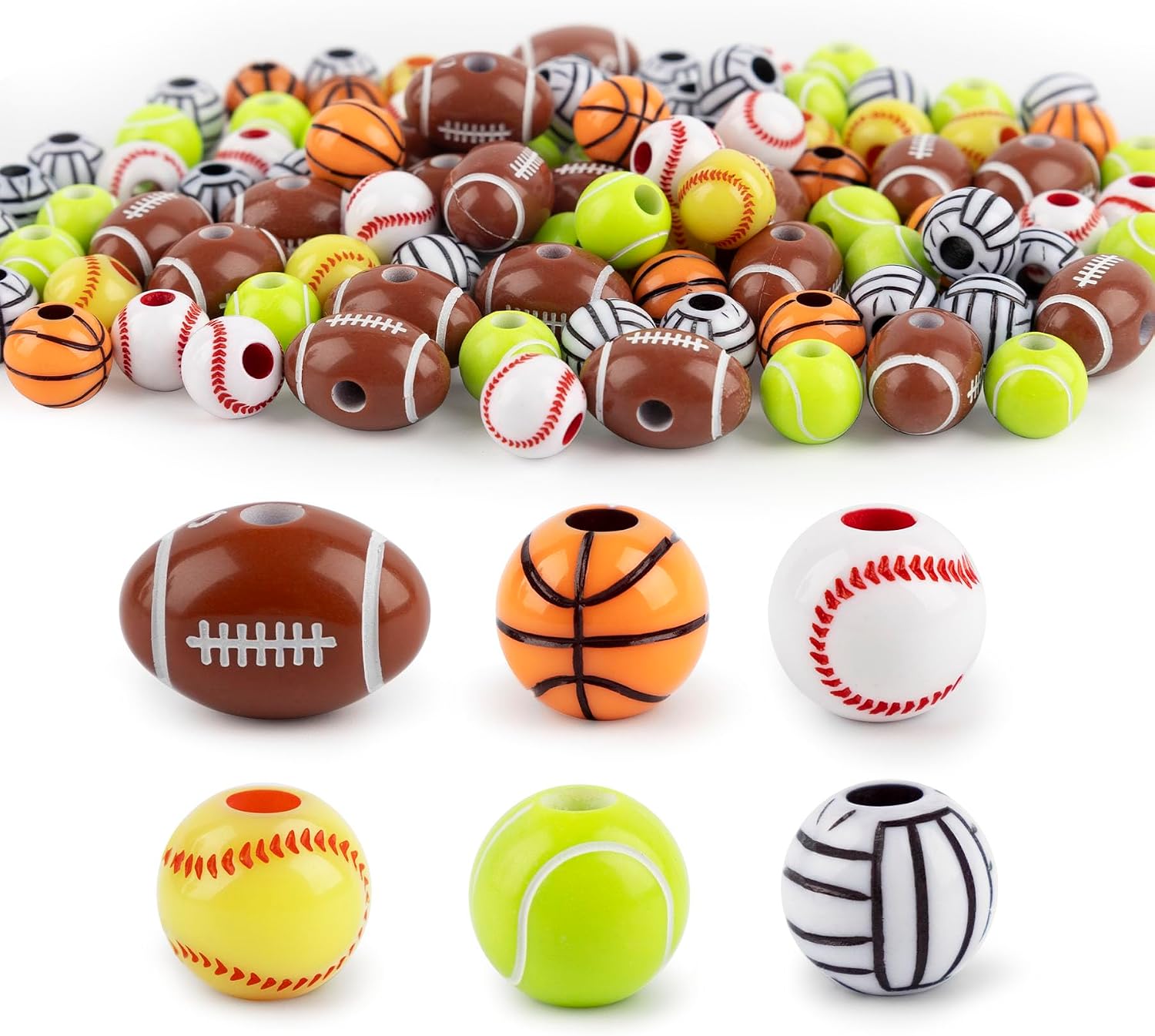 AUEAR, 100 Pack 12mm Boys Friendship Sports Beads Football Baseball Tennis Ball Volleyball Basketball for Jewelry Making Craft Decor DIY