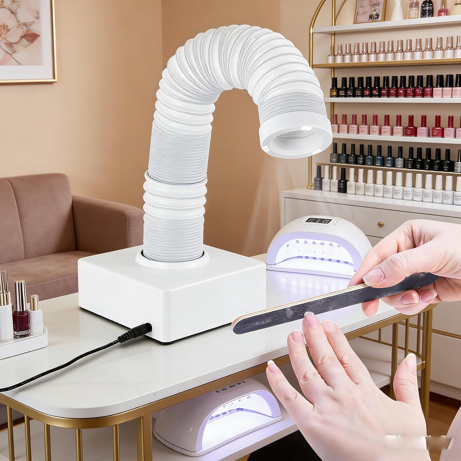 Nail Dust Collector - 60W Powerful Desktop Vacuum with 360° Rotating Hose, Reusable Filter & LED Light for Manicure, Pedicure and Dental Lab Dust Extraction (Pink)