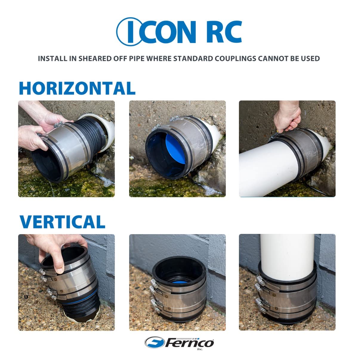 Fernco 4" ICON RC Pushfit DWV Coupling Sheared Off Pipe Connector with Shielded Coupler, Plastic, Cast Iron and Copper to Clay