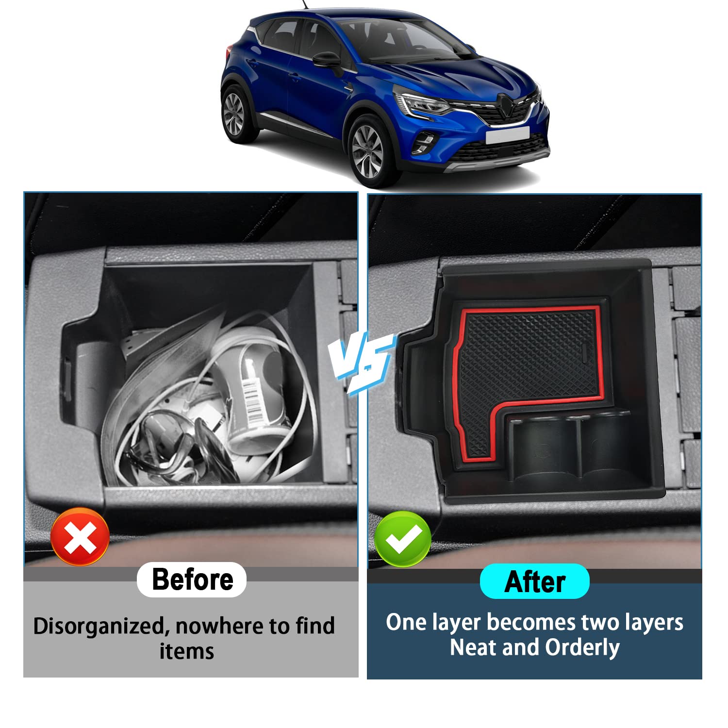 Scatola Portaoggetti Per Console Centrale Renault Captur 2 (2020-2024/2025) - Organizer Con Fondo Antiscivolo, Colore Rosso