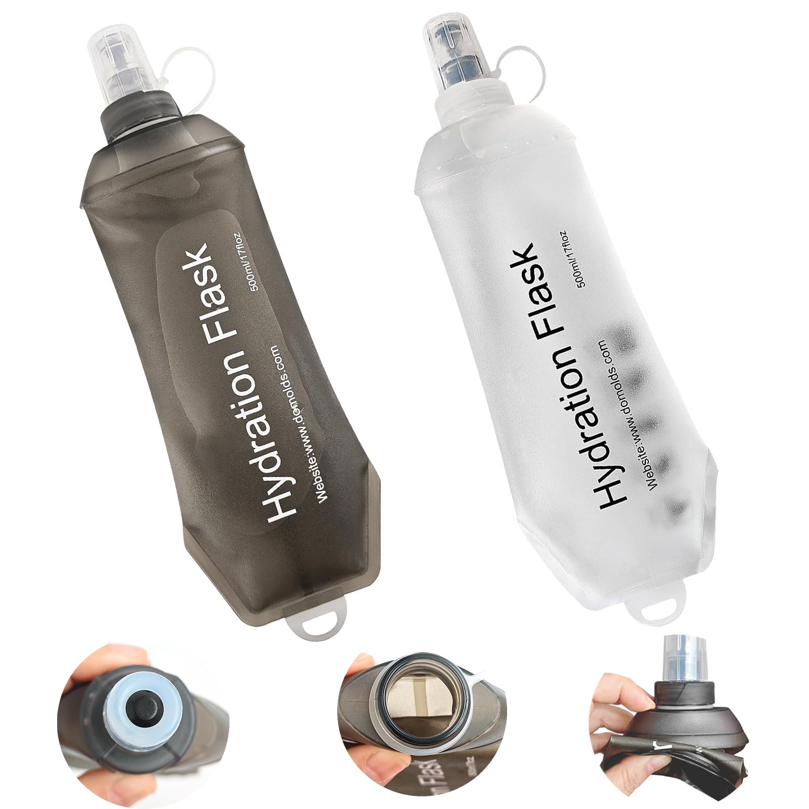 SSJkeji 2-Pack 500ml TPU Foldable Running Hydration Flask – Reusable Flexible Drink Pouch, Leakproof Sports Bottle for Outdoor Travel, Hiking, Biking, Running & Gym