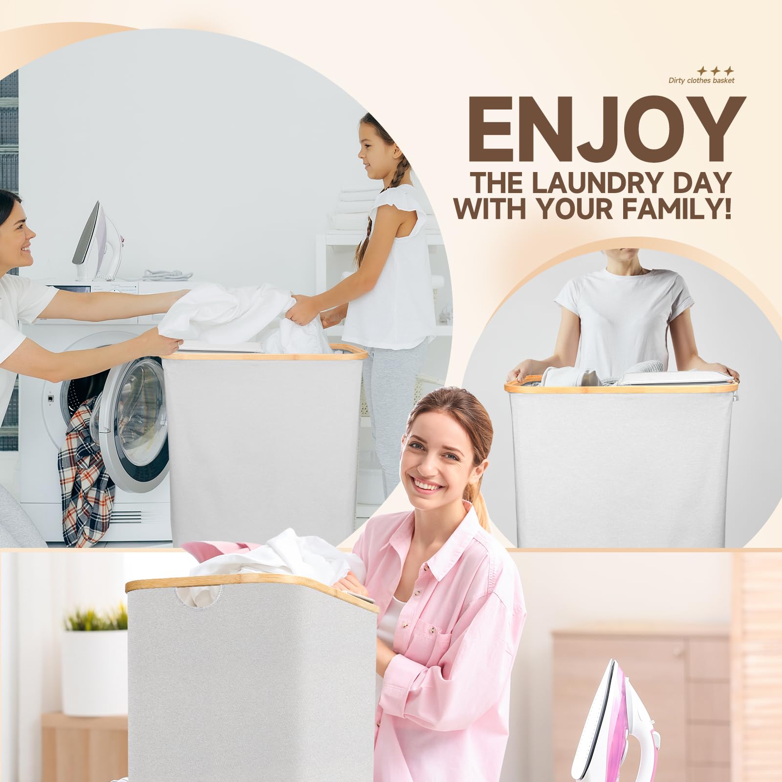 Zomhusea Laundry Hamper with Lid-140L Large Laundry Hamper 2 Section with Removable Bags,Collapsible Dirty Clothes Basket for Laundry Room,Bathroom,Bedroom (Light Grey)