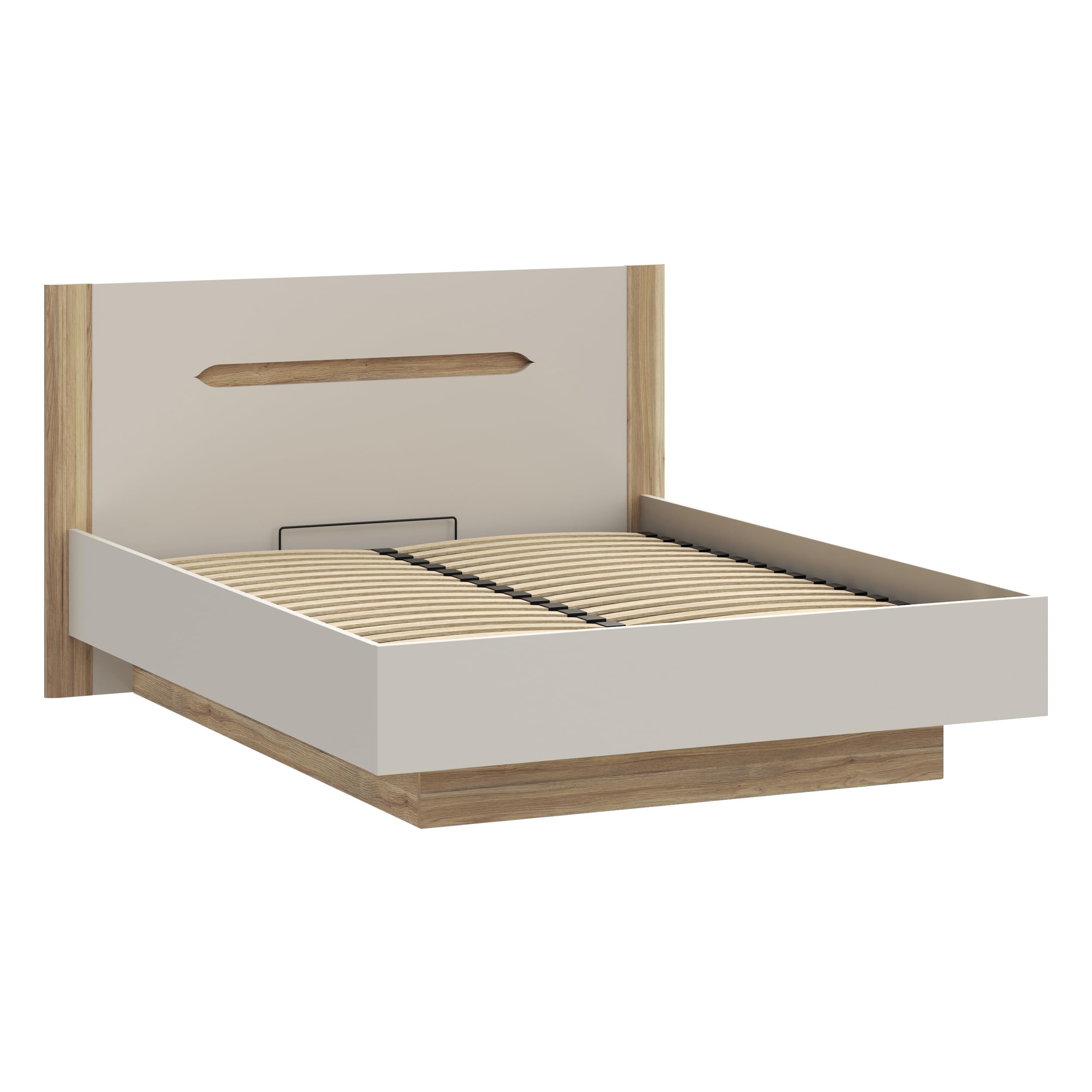 Forte EDWAL Bett Liegefläche 160 cm, modernes Bettgestell mit Stauraum unter dem Lattenrost, Holzwerkstoff, Kaschmir |Beige Holzdekor, 176,2 cm breit x 105,7 cm hoch x 206,6 cm tief