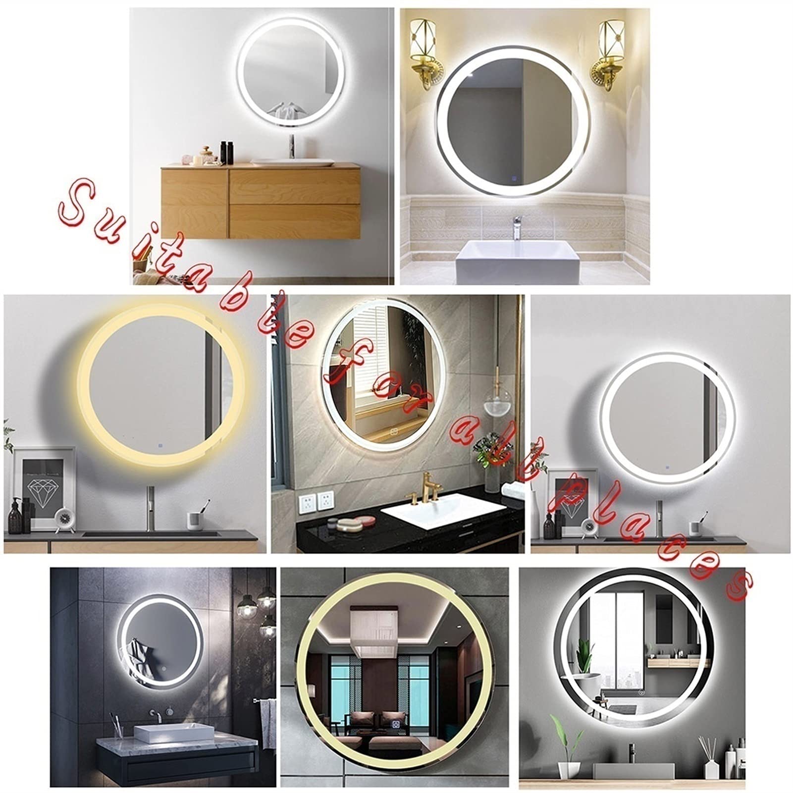 Specchio Espejo redondo con luces, espejo de baño LED iluminado, antivaho, retroiluminado y con luz frontal, espejo de tocador inteligente con interruptor táctil regulable, IP44 (color: luz blanc