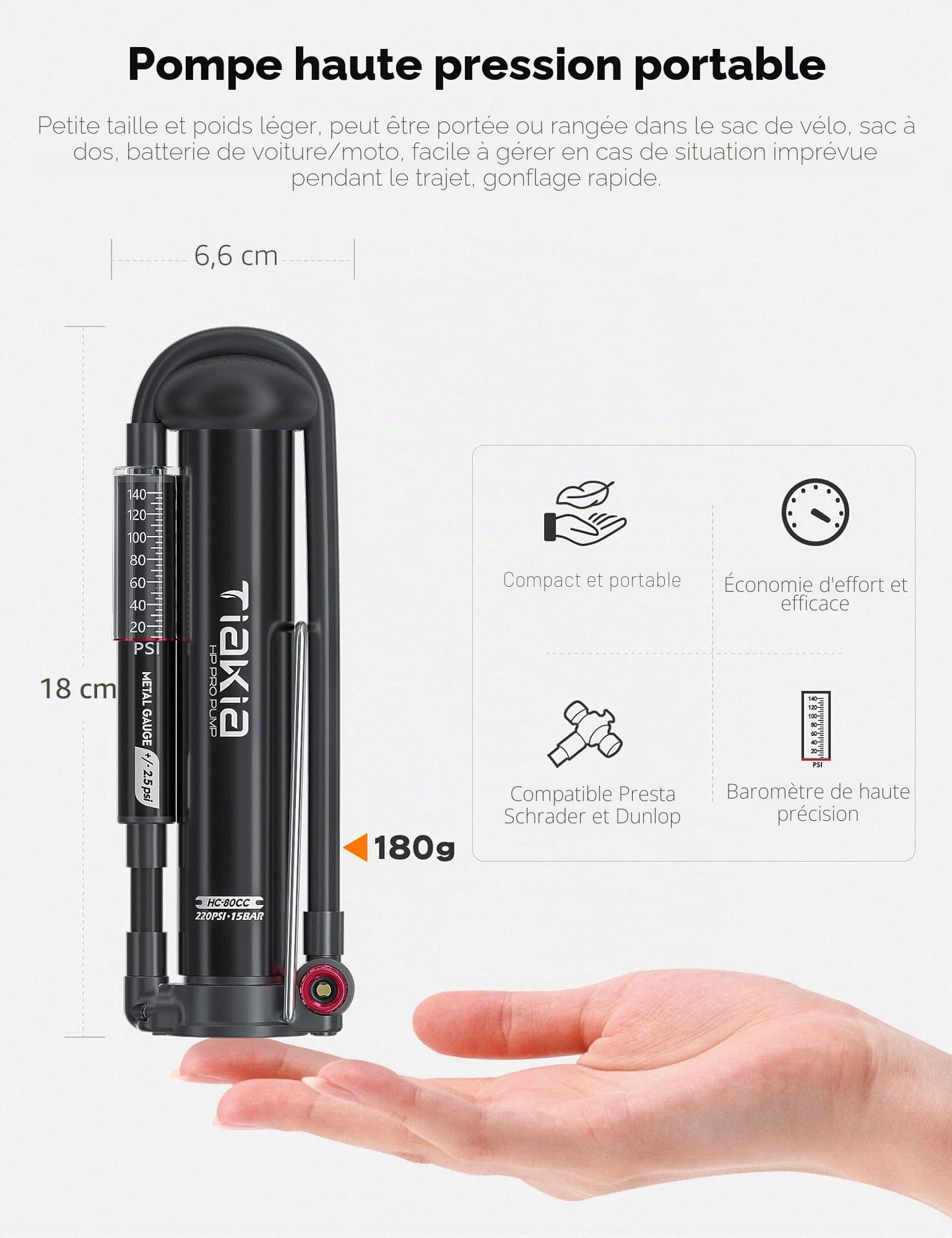 Pompe à Vélo avec Manomètre, Aluminium Mini Pompe Vélo Pied Valve Schrader Presta pour Route VTT