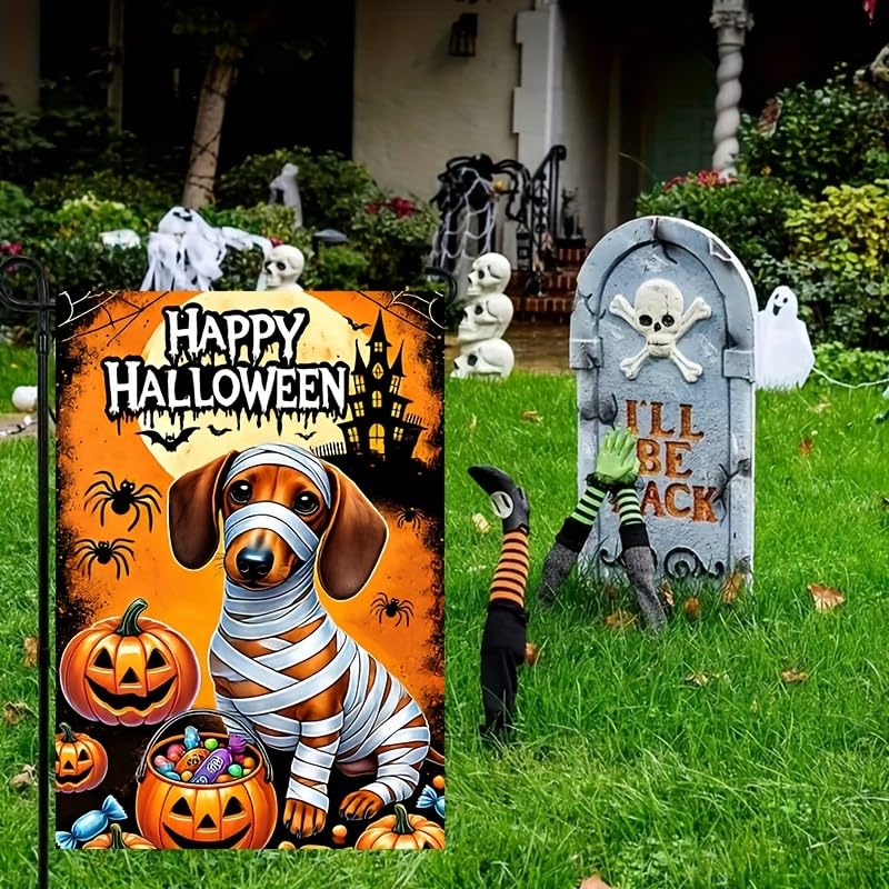 Image of BlissYard Halloween Trick or Treat Garden Flag,Halloween Garden Flag with Mummy Dachshund and Pumpkins,halloween garden flags for outside, 12x18 Inch Festive Yard Decoration