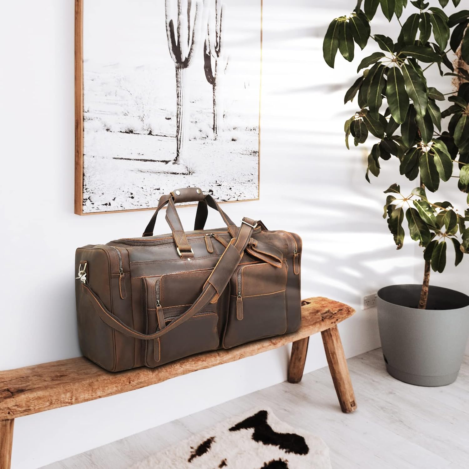 Polare 26" Leather Duffel Weekender Travel Bag For Men With Full Grain Cowhide Leather 56L - Image 9