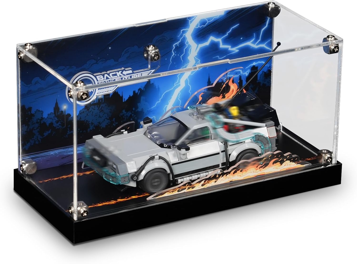 Acrylic Display Case for Lego Speed Champions Time Machine from Back to The Future 77256 with LED Lights & Flame Effects|USB-C Powered Acrylic Showcase with Cinematic Backdrop|Ideal Gifts (No Model)