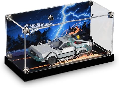 Acrylic Display Case for Lego Speed Champions Time Machine from Back to The Future 77256 with LED Lights & Flame Effects|USB-C Powered Acrylic Showcase with Cinematic Backdrop|Ideal Gifts No Model