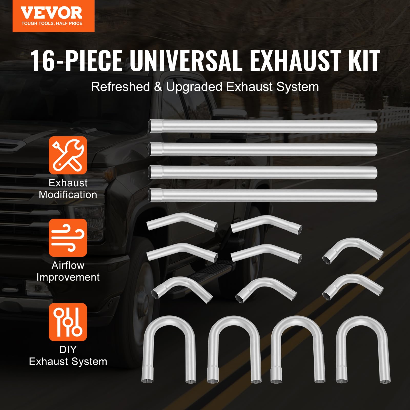 VEVOR Auspuff-Set 16-teilig DIY Universal Auspuff aus verzinktem Stahl 57,15 mm mit Steckverbindung & großem Auspuffrohr, rostfreies Auspuffrohr für Abgassystem, für Garage Autowerkstatt 4S-Laden