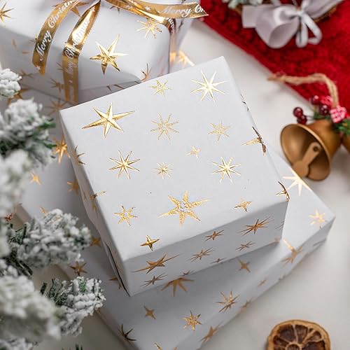 Miniatura 5 de Flyhill Papel de regalo blanco de 17 x 197 pulgadas (23.4 pies cuadrados por rollo, patrón de estrellas en relieve 3D de oro blanco para Navidad,