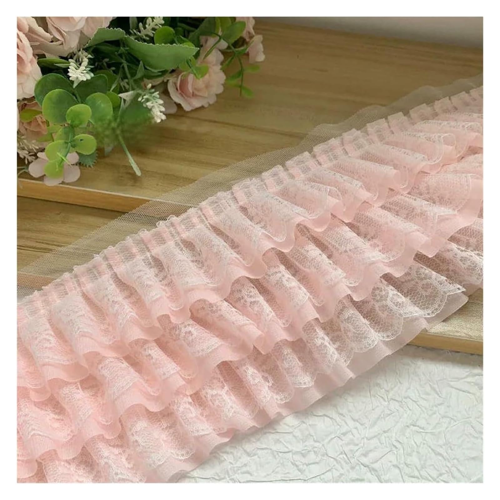 Szycie koronkowych wykończeń, Marszczona plisowana koronkowa lamówka, 10 jardów Trójwarstwowa szyfonowa marszczona DIY Dekoracja(Pink,6yards)