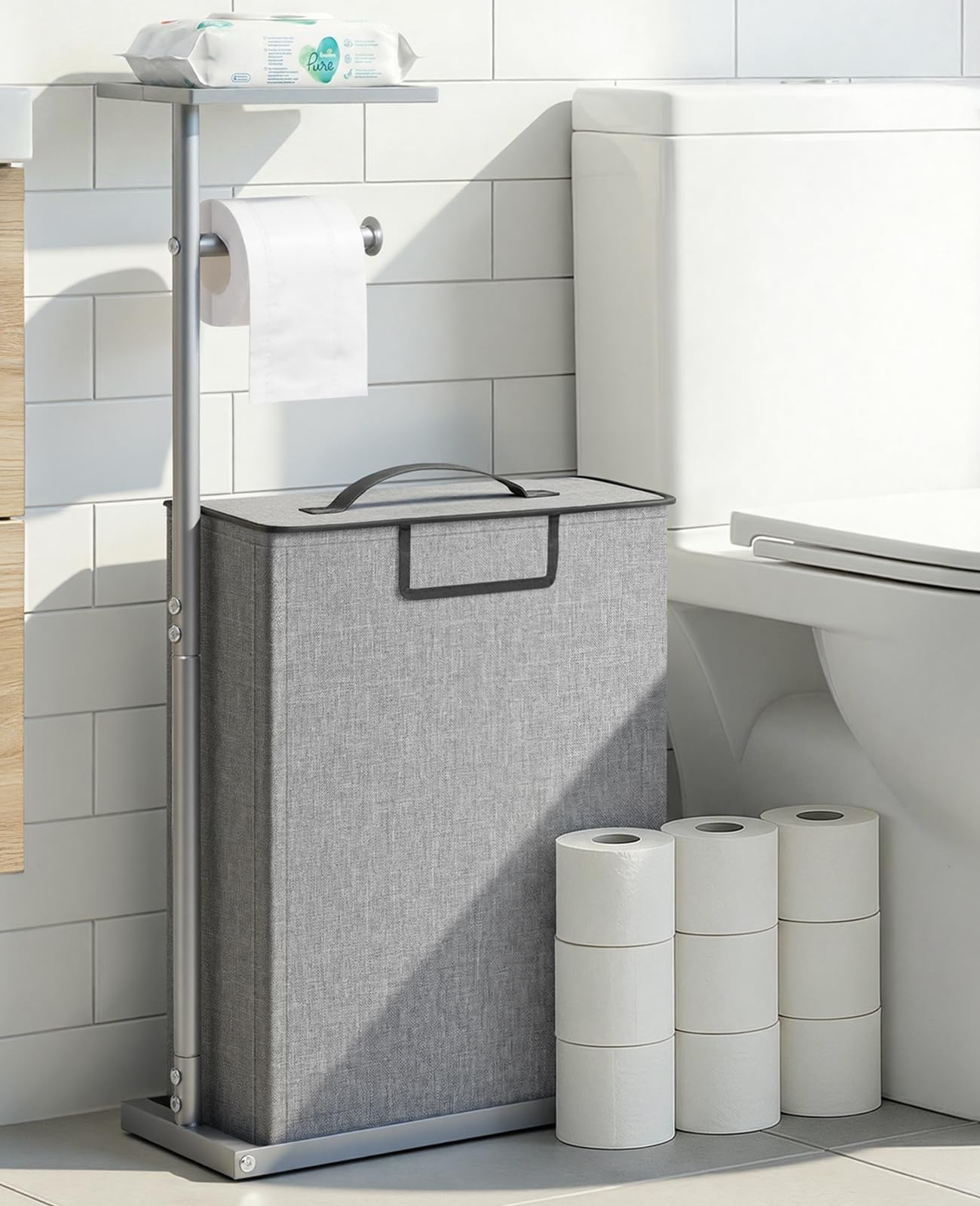 SOELDI Toilet Roll Holder with Toilet Paper Storage Basket, Rustproof Metal Freestanding Tissue Holder with Storage Box, Featuring Phone Stand, Multi-purpose Bathroom Storage, Grey