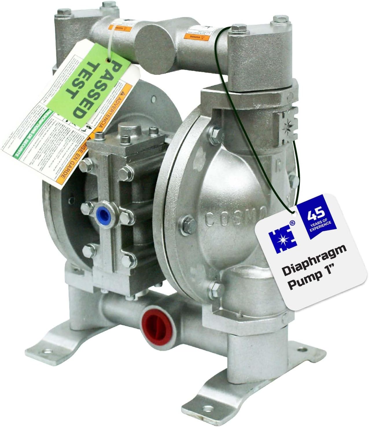 COSMOSTAR D0906 1" Double Air Diaphragm Pump - Aluminum Body, Teflon Ball, Seat and Diaphragm With Muffler - Chemical, Waste Oil, Pneumatic Oil Pump