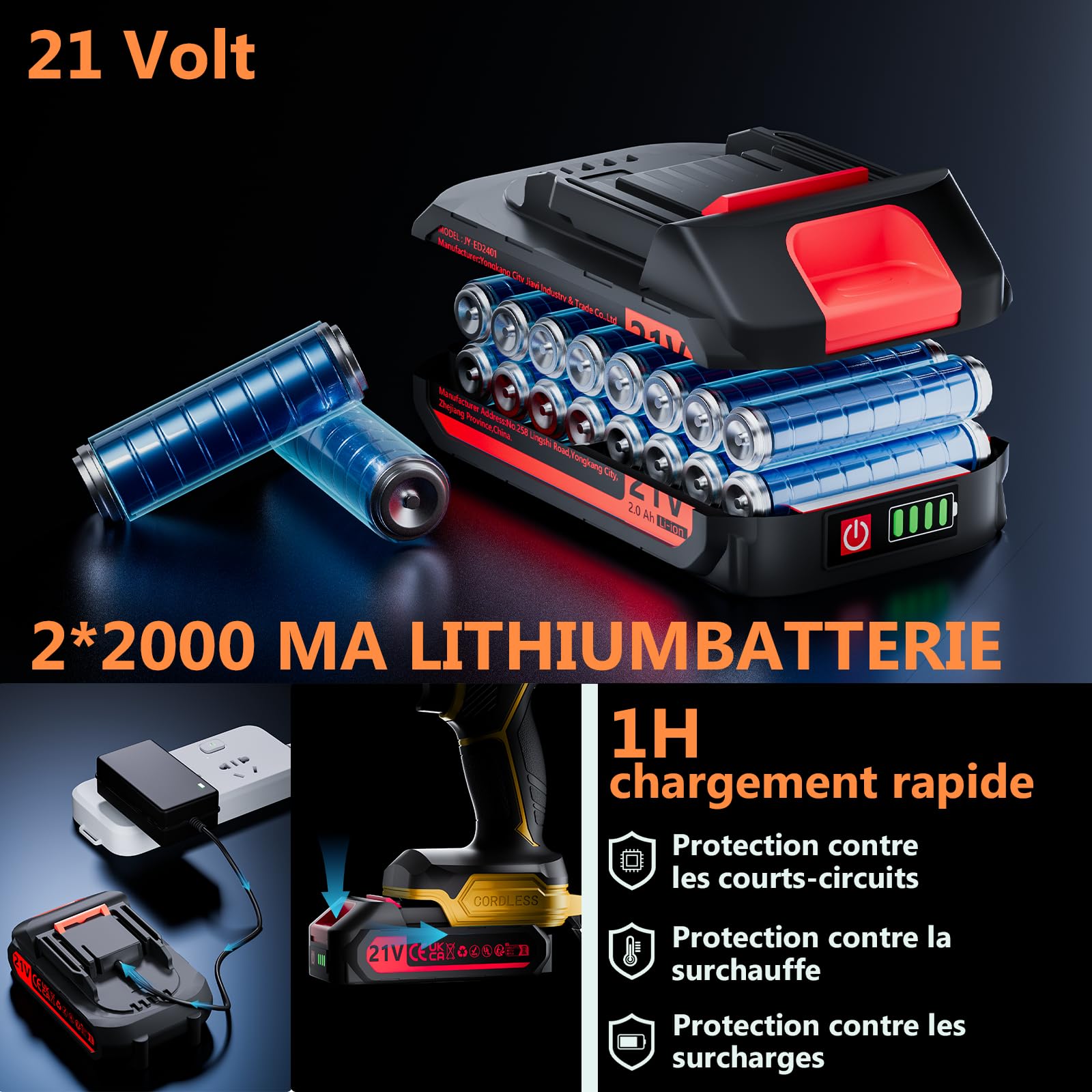Perceuse Visseuse Sans Fil 21V Avec Batterie 4000mAh, 45Nm de couple max 25+3 positions de couple(2 vitesses & LED), 2 batteries 2,0Ah et chargeurpour la maison et le jardin projet DIY (Jaune)