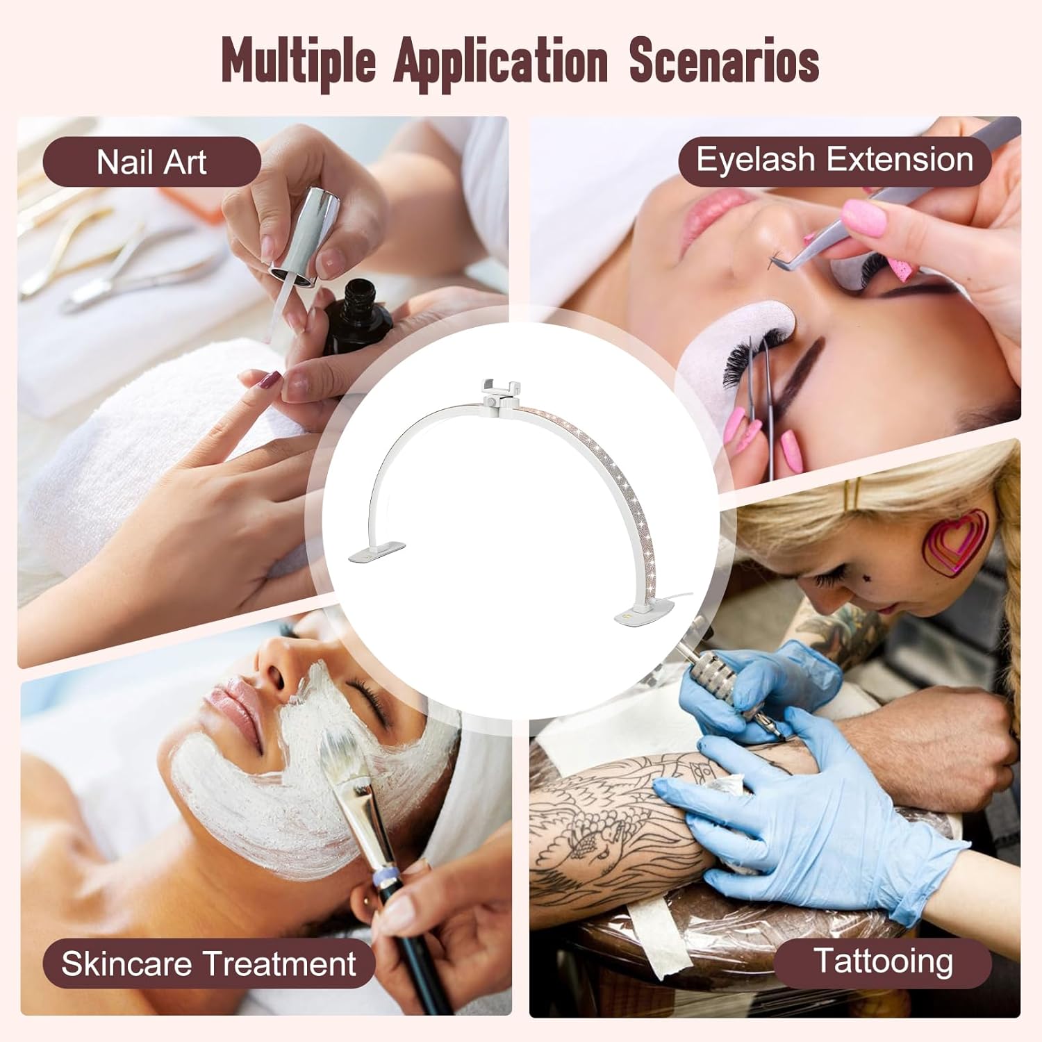 Half Moon Light for Nail Desk with Phone Holder, 29IN Folding Half-Moon Light with Shinning Diamond, LED Lamp for Nail Art, Eyelash Extension, Tattooing, Skin Management, Color Temperature 3000-6500K