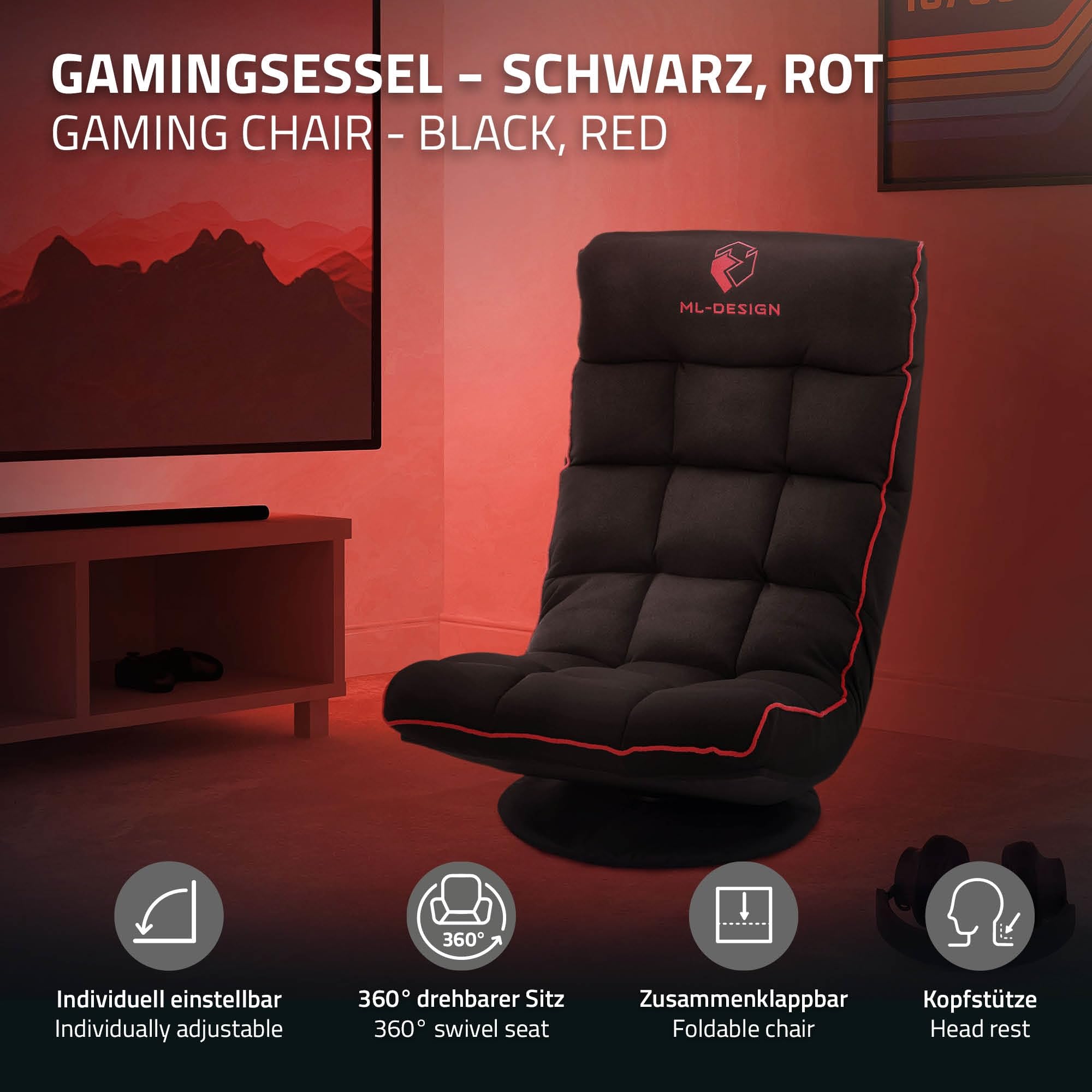 ML-Design Gaming Bodenstuhl Schwarz-Rot, Ergonomischer Gaming Sessel, 360° drehbar & verstellbar, Klappbarer Boden Gamer Stuhl mit Kopfstütze, Bodensessel gepolstert, Relax Bodensofa, Lounge Sessel