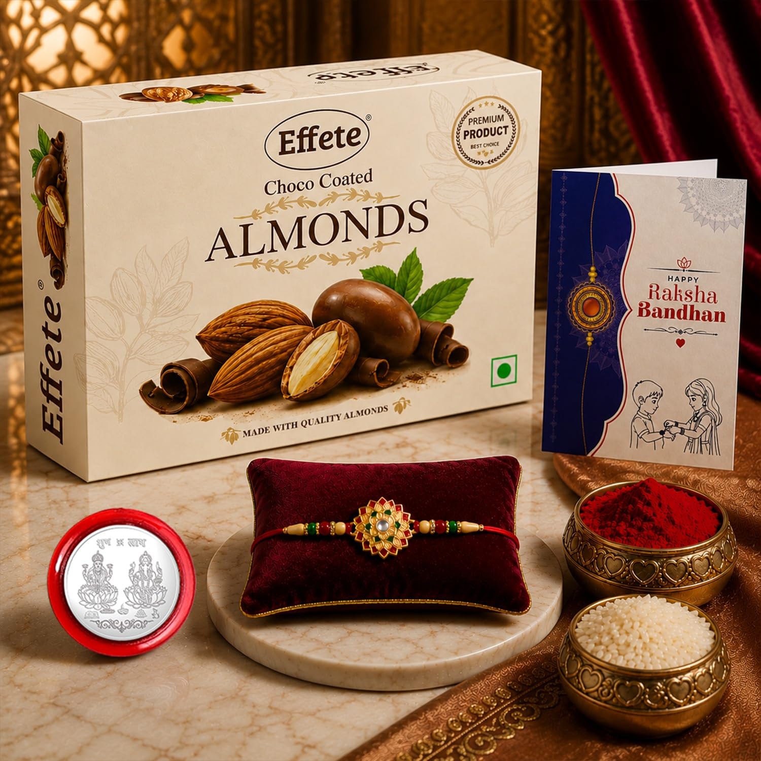 DeoDap Chocolate with Rakhi Set for Brother - Designer Peacock Shape Rakhi with Choco Almonds (32 GM), Silver Color Pooja Coin & Greeting Card, Traditional Raksha Bandhan Celebration Gift Combo for Bhai