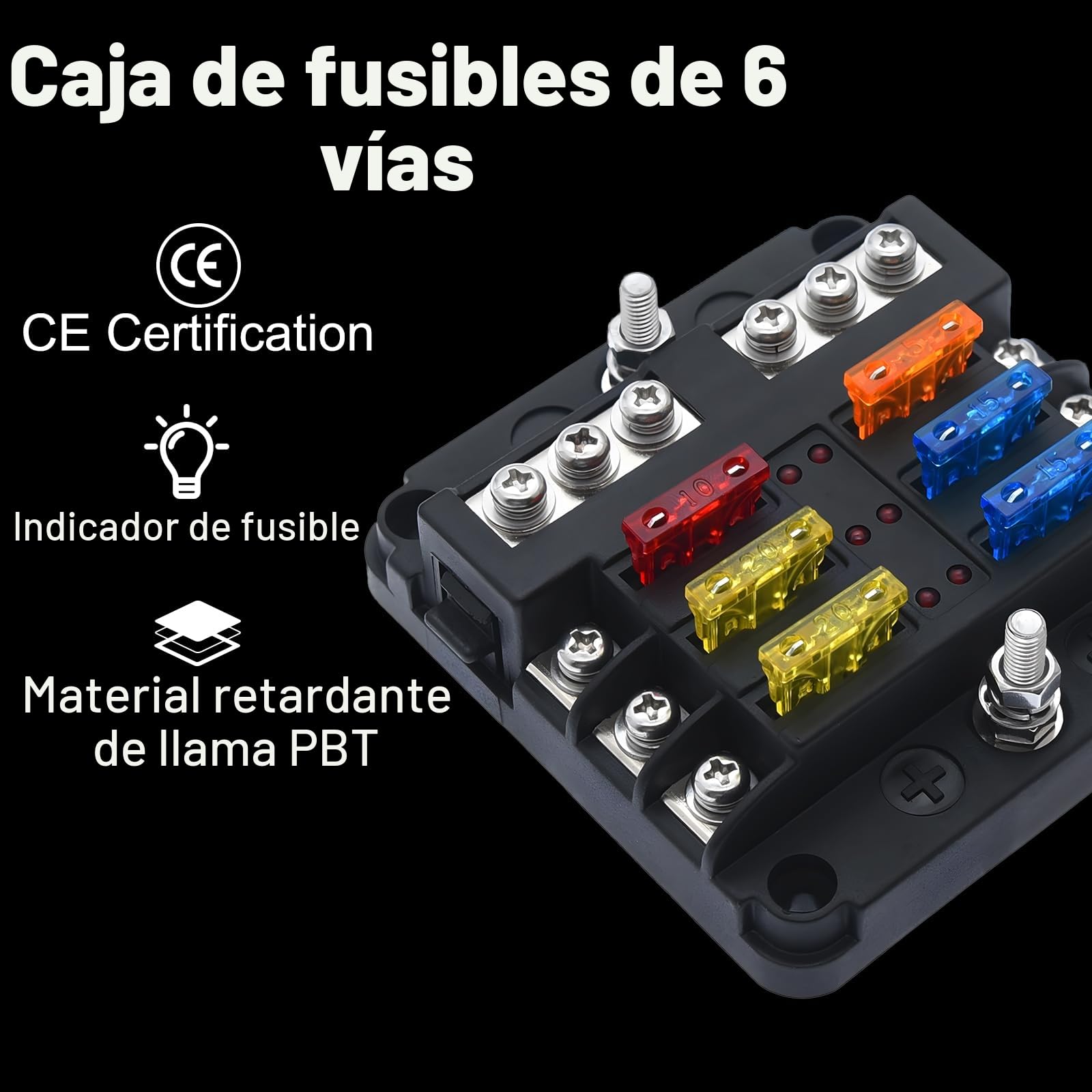 KAOLALI Caja de Fusibles 6 Vias, Porta Fusibles con Cuchilla Negativa, Caja Fusibles con Lámpara de Alerta LED Cubierta a Prueba de Humedad para 12 V Coche Barco Marino Autocaravana