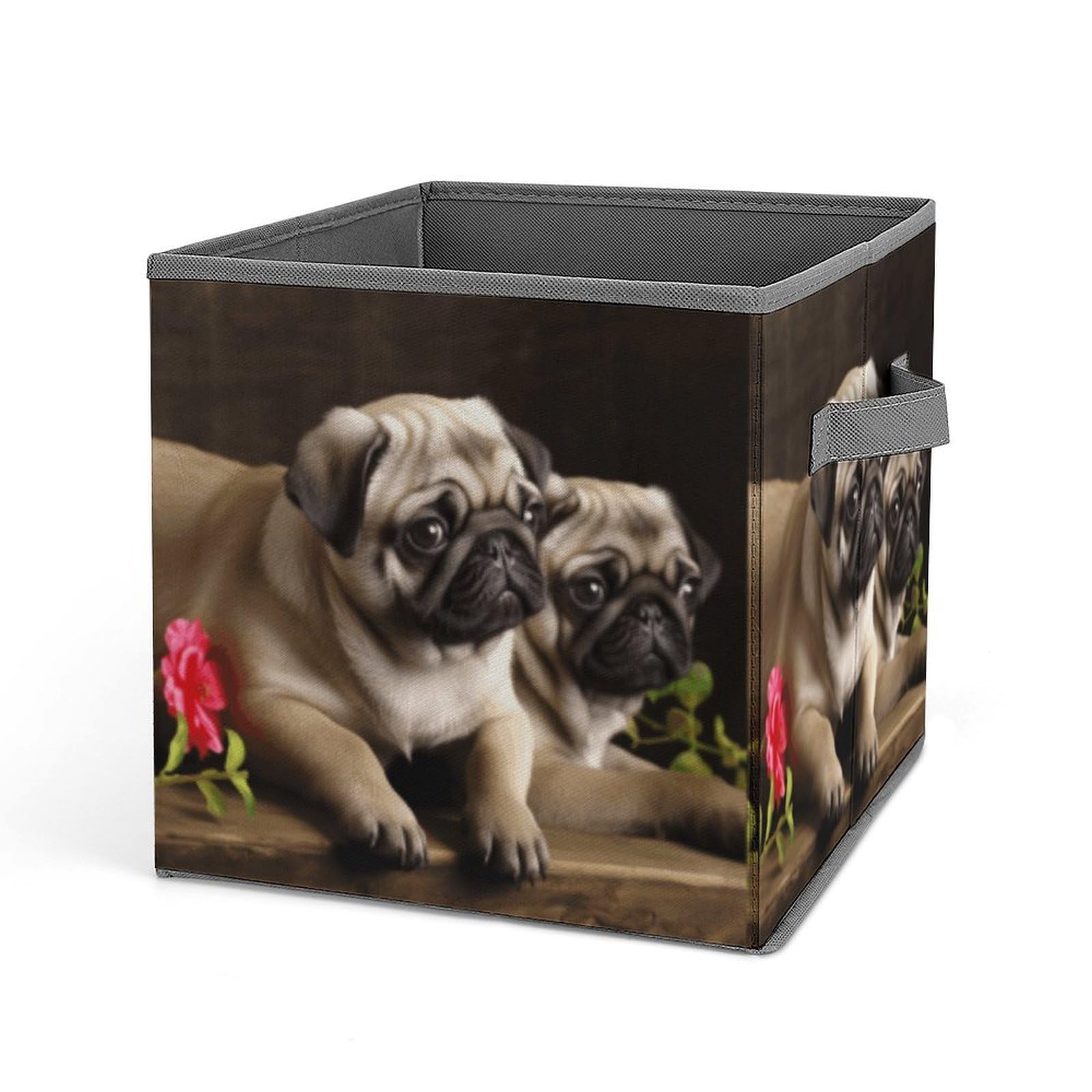 Puppys Pug Storage Baskets Collapsible, Exquisite Pattern Cube Box, Canvas Fabric Storage Bins with Handles, Clothe Organizer Box for Home Decorative Office Bedroom