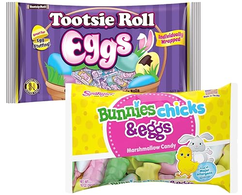Spangler - Conejitos, pollitos y huevos de caramelo de 4 onzas. Tootsie Roll Eggs 3.5 oz. Bolsas empaquetadas en caja Soko Smiles