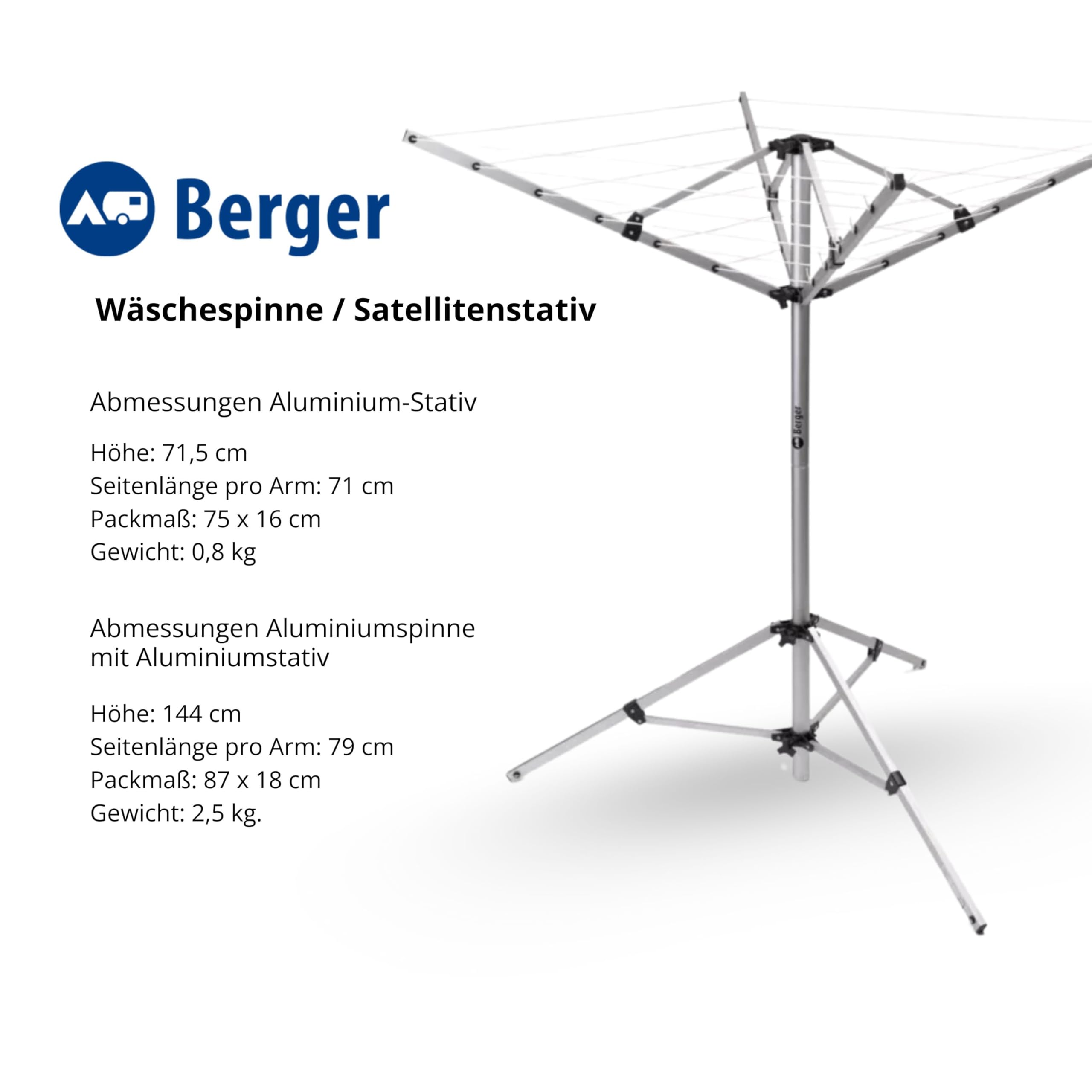BERGER Super Pop Up Wäschespinne & Sat-Stativ wetterfest leicht Wäscheschirm Wäscheständer Standfuß inkl. Packsack Erdnägeln Camping Balkon Silber