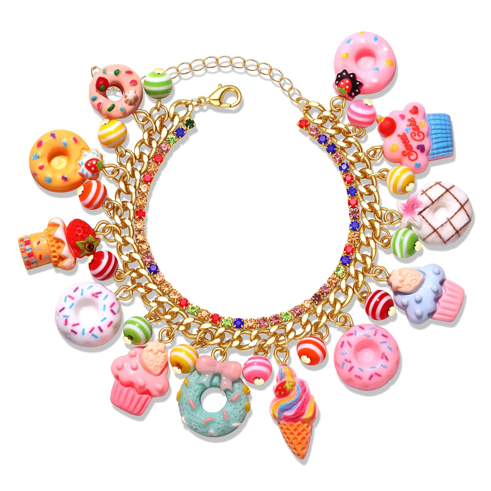 Donut Bracelet for Women Novelty Colorful Crystal Beads Sweet Dessert Donut Cake Charms Bracelets Funny Cute Food Friendship Bangle Bracelets Holiday Birthday Party Wrist Jewelry Gift