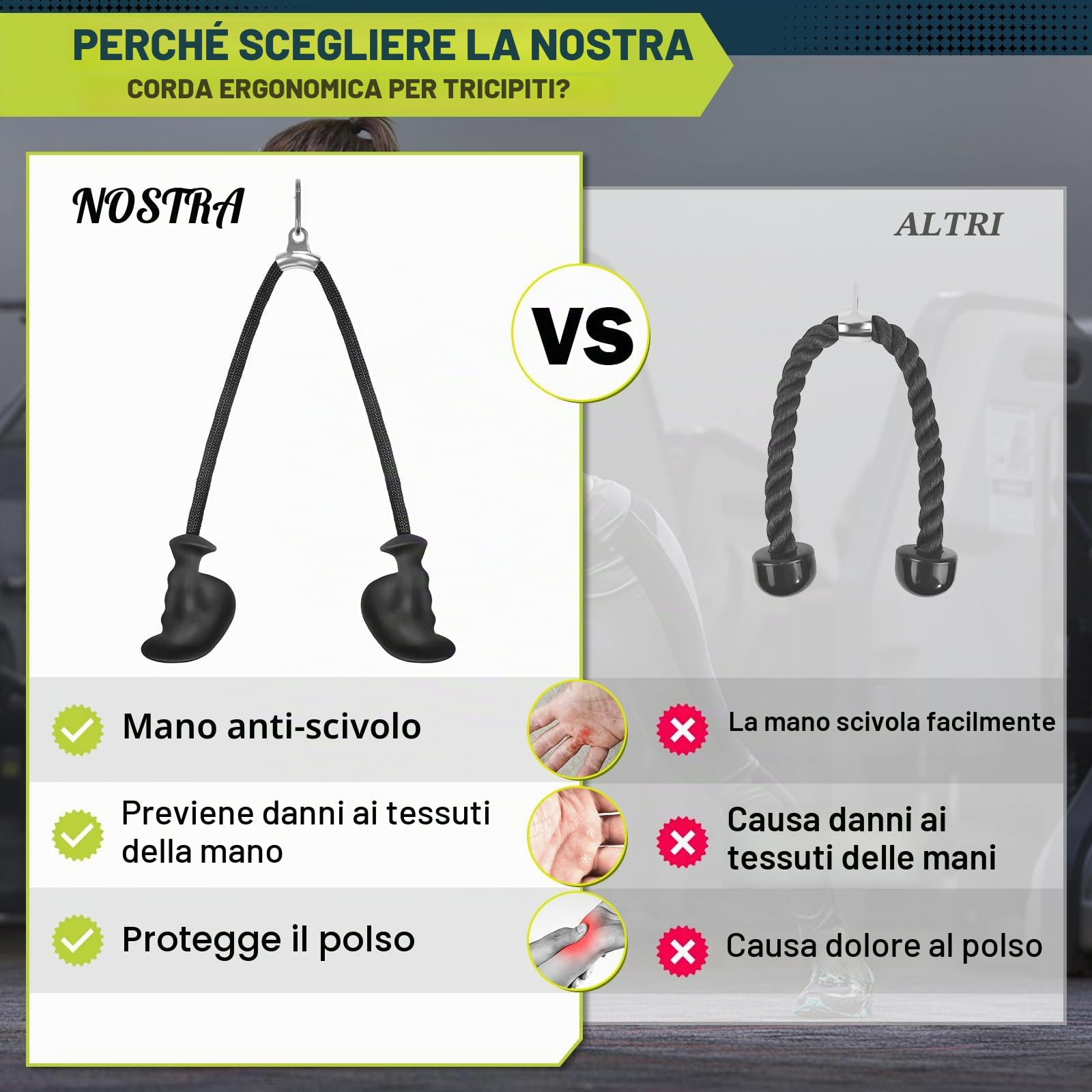 DASKING Corda Tricipiti per Cavi, Attrezzo Palestra Morbido per Lat Machine e Curl Bicipiti - Impugnatura Ergonomica Antiscivolo per Allenamento Sicuro - Accessorio Fitness per Home Gym e Bodybuilding