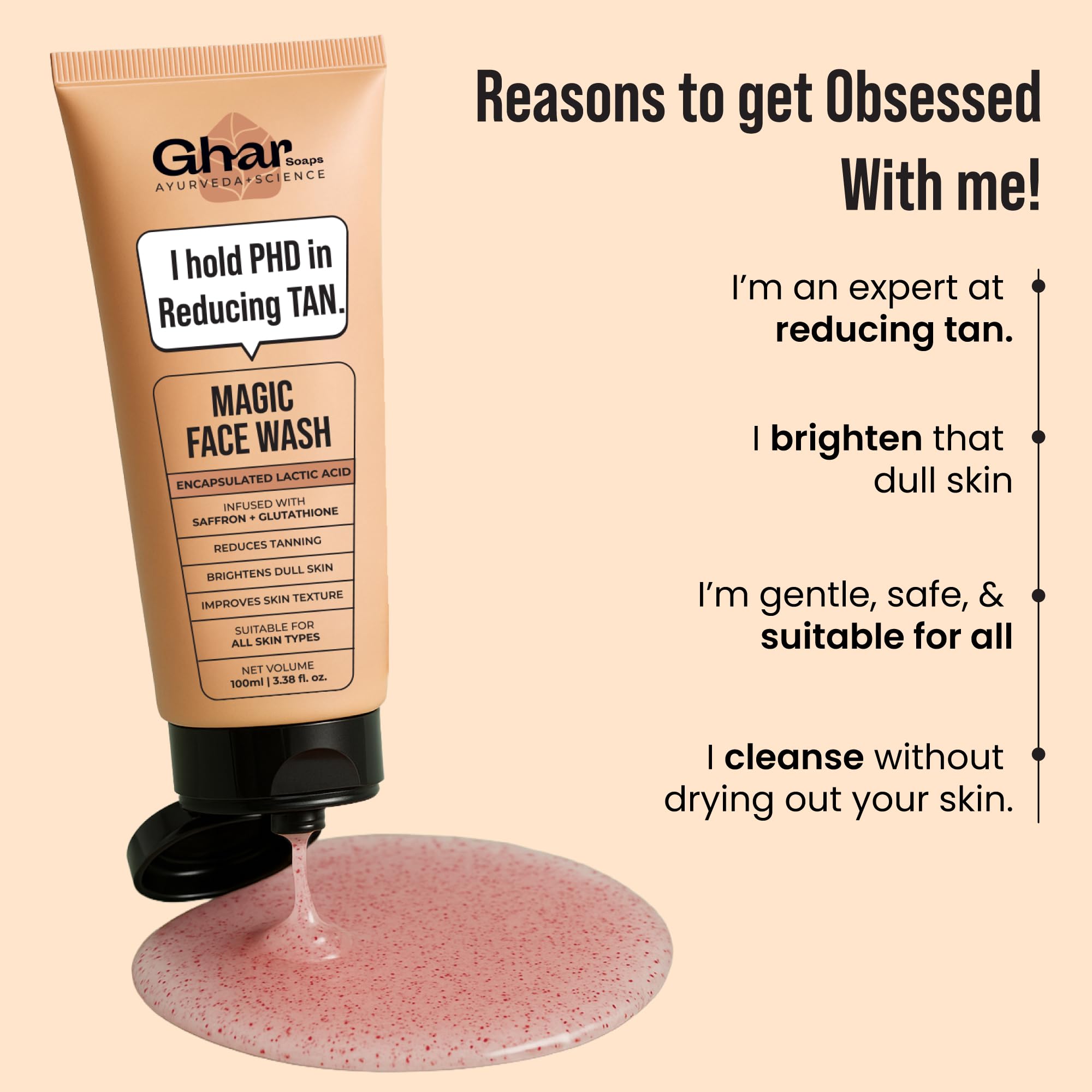 Ghar Soaps Magic De-Tan Face wash I With Sandalwood,Saffron & Glutathione | Tan Removal, Brightening and Glowing Skin I For All Skin Type Skin I For Men & Women | 100ml