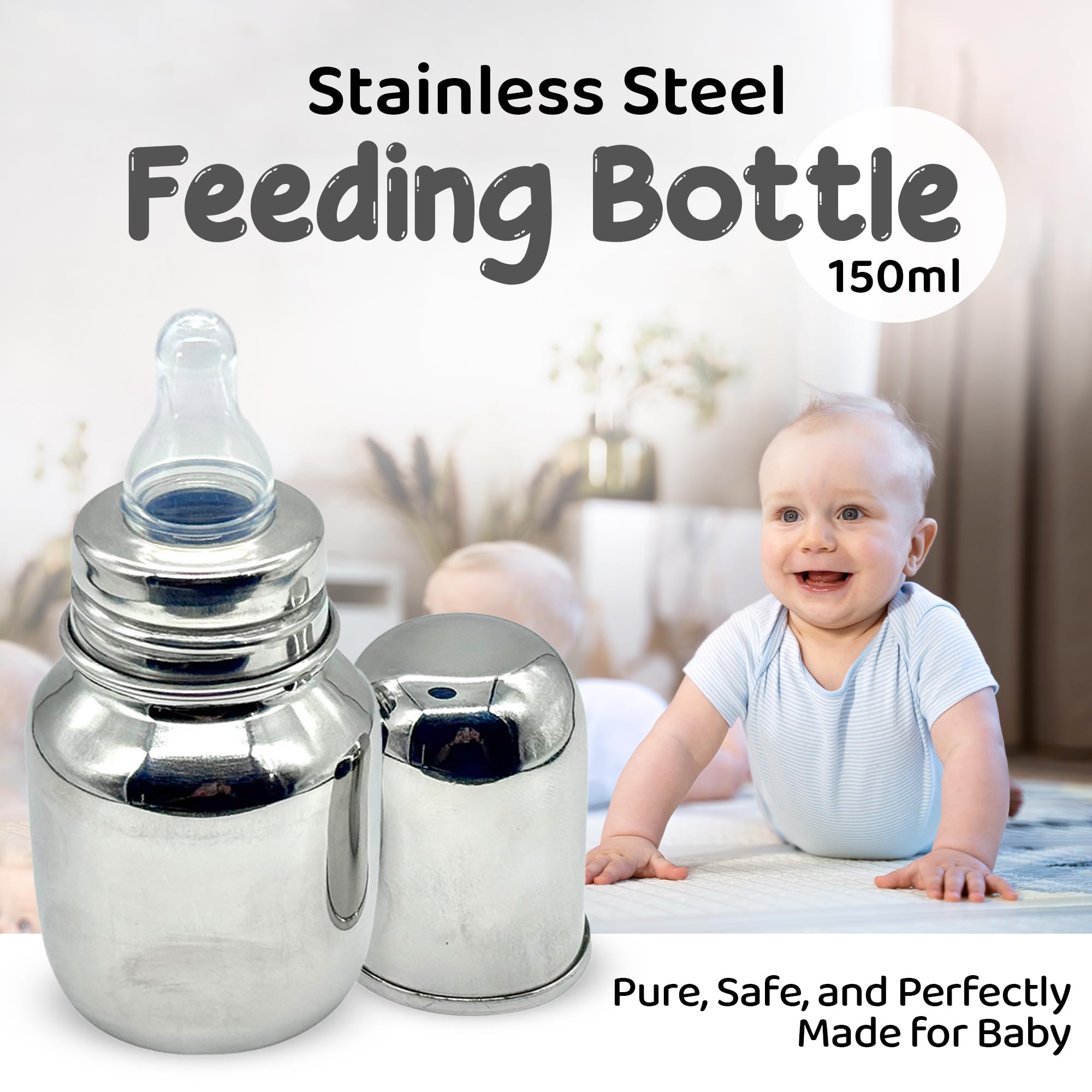 VIRTI MINI ME Stainless Steel Baby Feeding Bottle – 150ml Leakproof Bottle with Soft Silicone Nipple & Cap | BPA-Free, Easy to Clean, Travel Friendly & Durable for Newborns & Infants 2