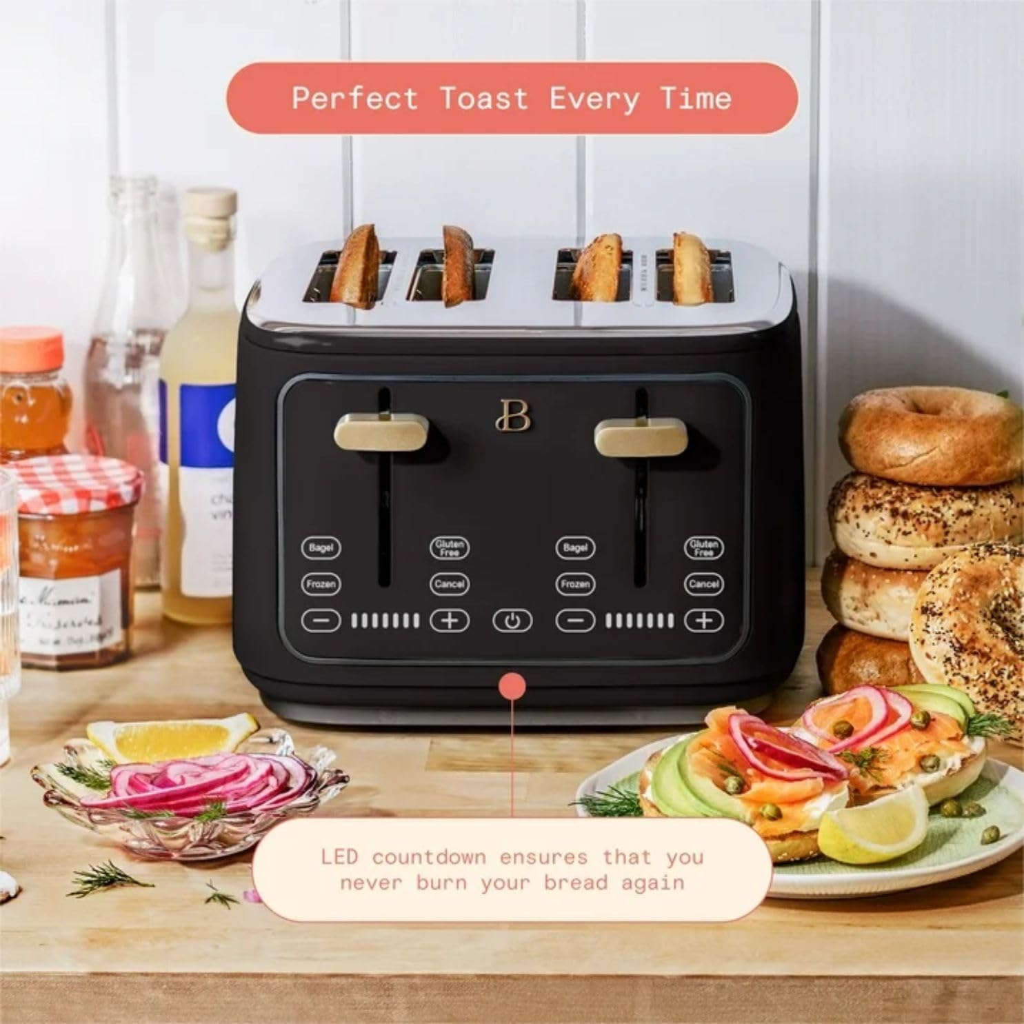 Four-slot Digital Touch Display Toaster with LED Countdown Extra Wide Self-Adjusting Slots Powerful Even Toasting (Black Sesame.)