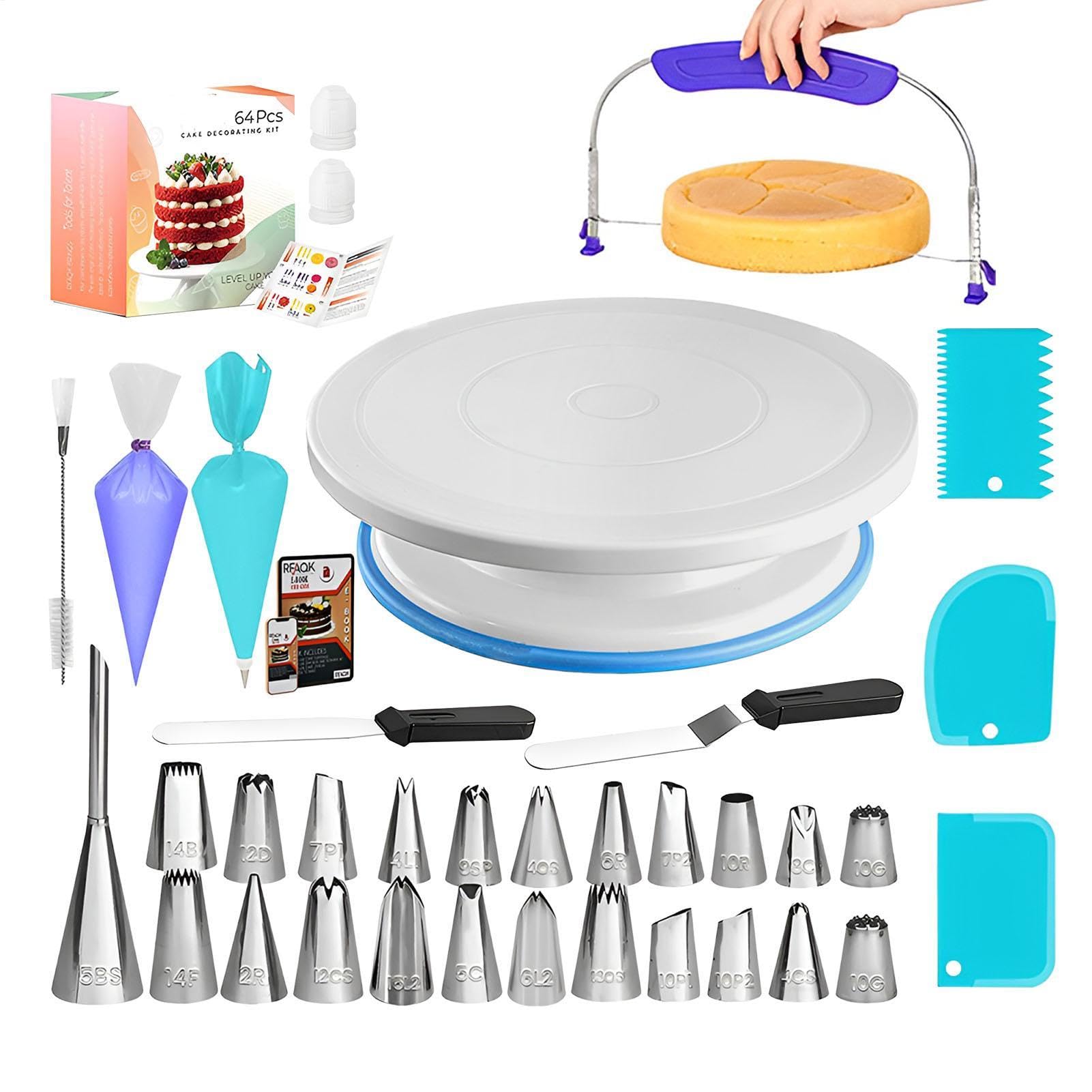 Generisch Kit de decoración de pasteles – 64 herramientas profesionales | con plato giratorio incluido, instrucciones fáciles de principiantes, distribuir eficientemente accesorios para hornear para