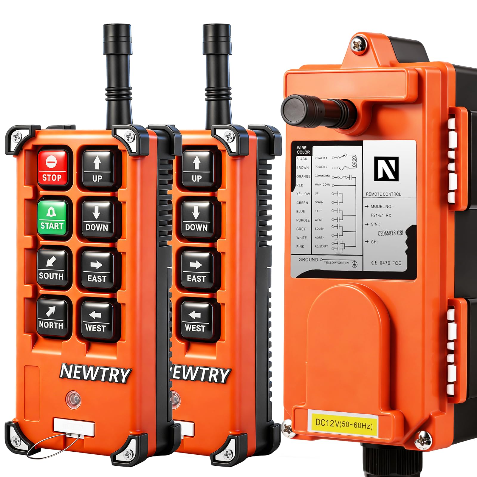 NEWTRY 8 Buttons Wireless Crane Remote Control 12V 2 Transmitters Industrial Channel Electric Lift Hoist Radio Switch Receiver (F21E1B Transmitter + DC 12V Receiver)