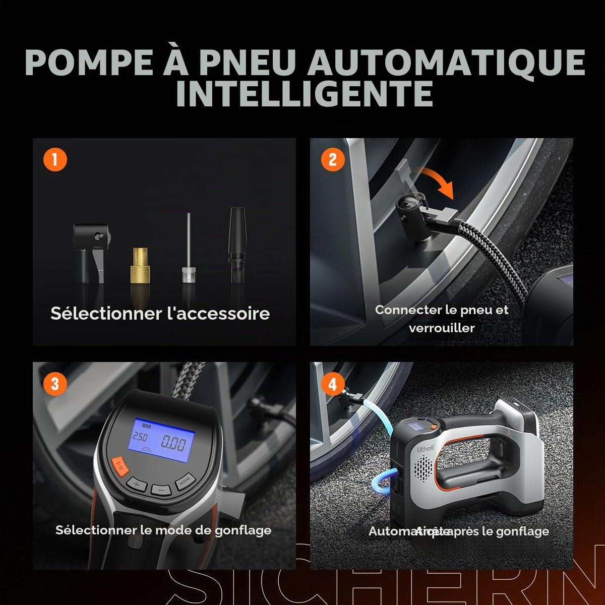 Litheli - Pompe à air électrique - 20 V - 10 000 mAh - Manomètre numérique à piles - 160 PSI - Pompe portable pour voiture, vélo et ballons de sport