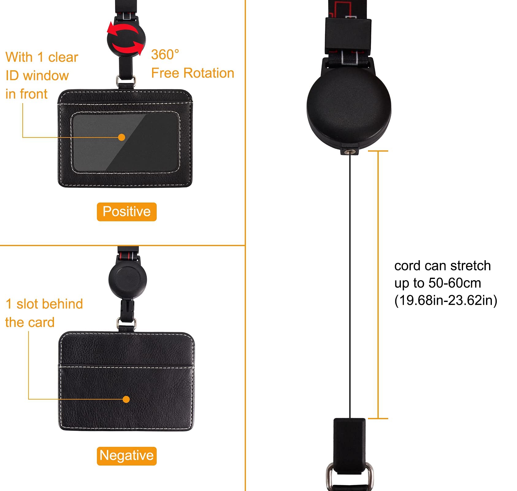 Portabadge In Pelle PU Con Cordino Retrattile | Finestra ID E Slot Carte | Per Ufficio, Studio | Blu Orizzontale - Foto 5