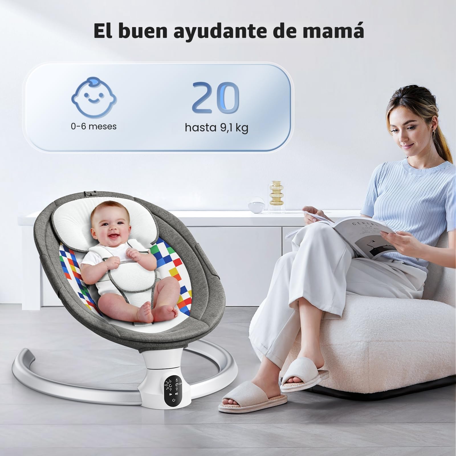 Mecedora Bebe Eléctrica hasta 9 kg, Hamaca Bebé con Bluetooth y Mando a Distancia, Silla Mecedora para Bebe Plegable con Arnés 5 Puntos, Visera Solar y Mosquitera, 10 Canciones