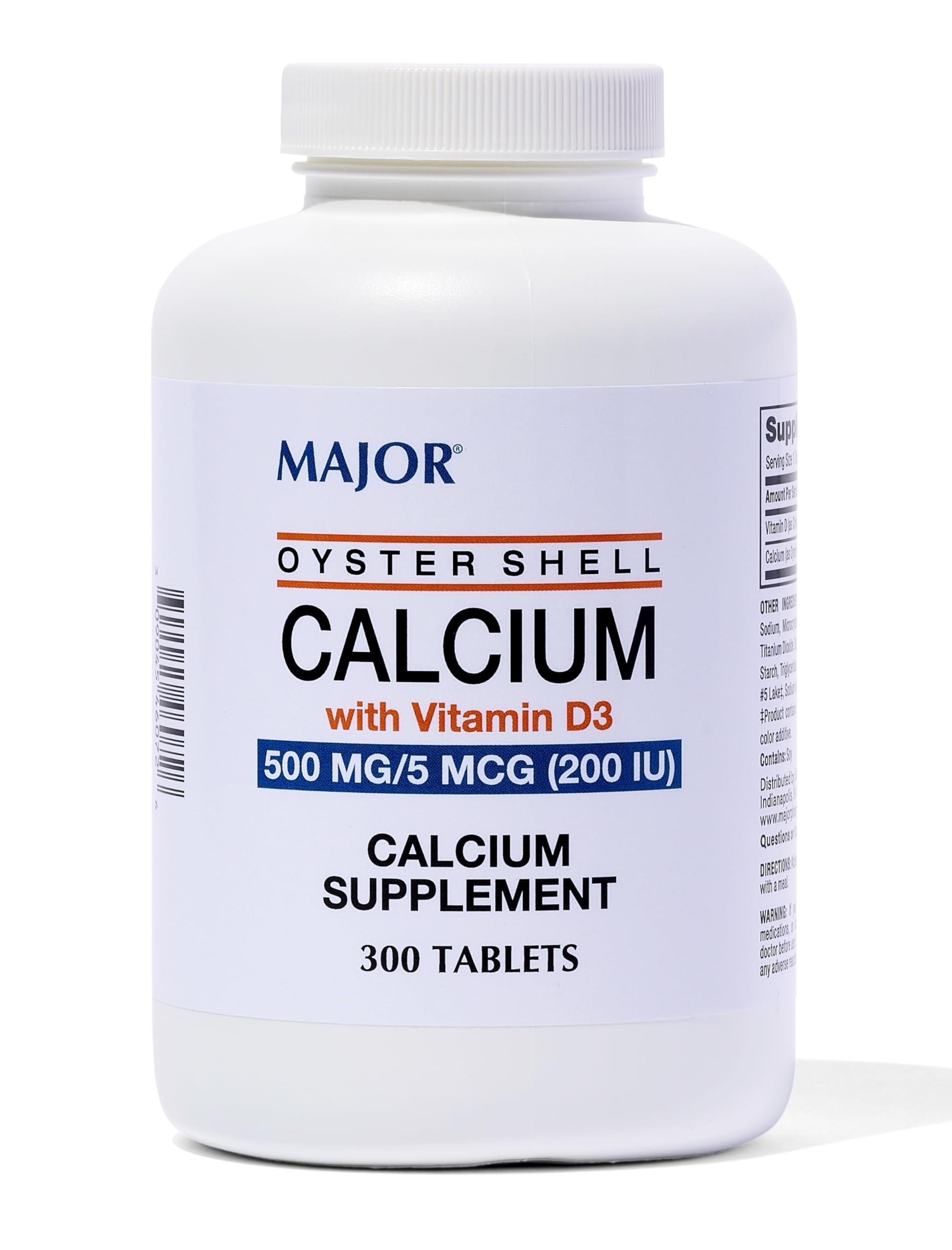 Major Oyster Shell Calcium with Vitamin D3 500 mg / 5 mcg (200 IU) - Daily Calcium Supplement - 300 Tablets (1 Pack)