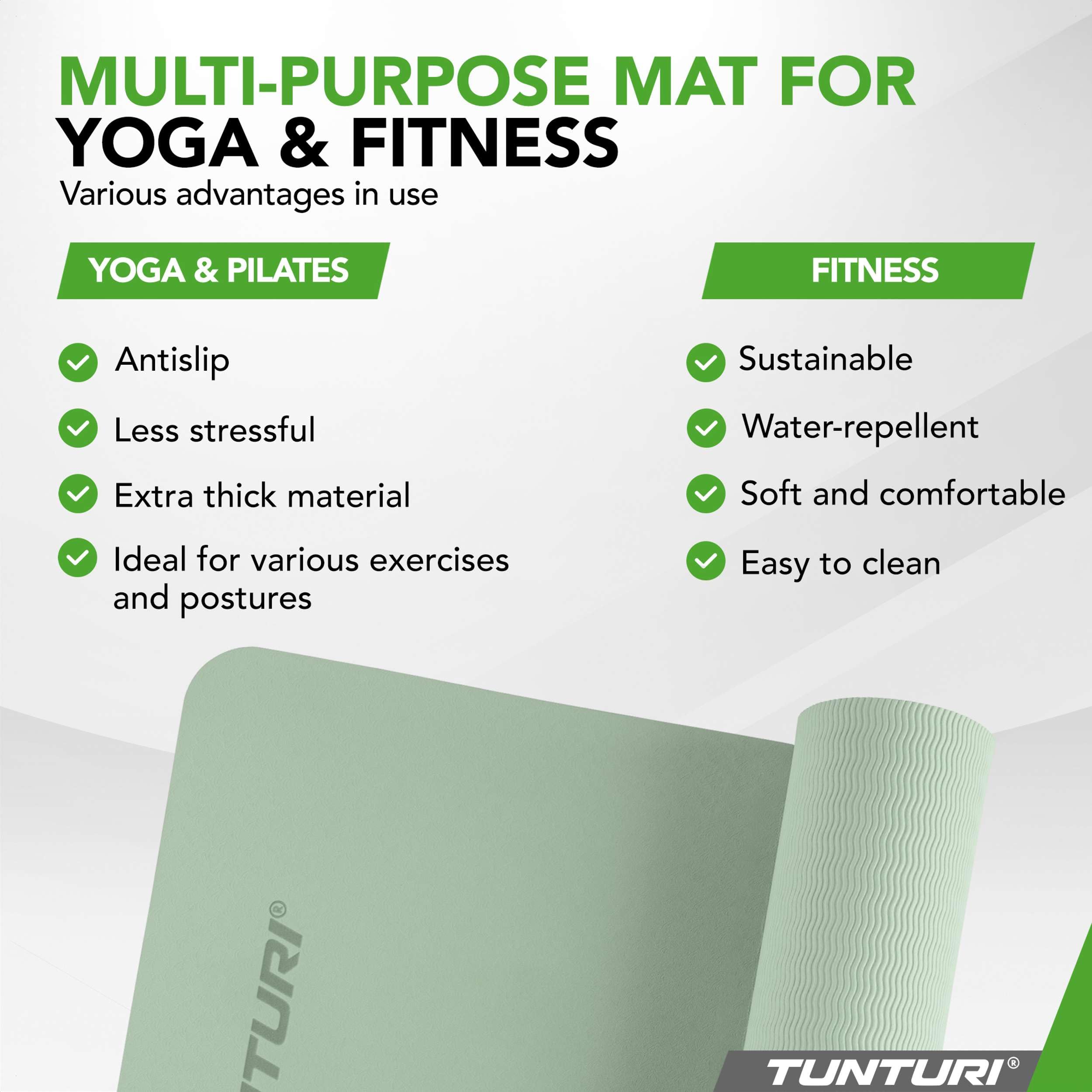 Tunturi Tappetino da yoga spesso 8 mm, antiscivolo, con tracolla, per yoga e pilates, tappetino sportivo, 183 x 61 x 0,8 cm, particolarmente confortevole, menta