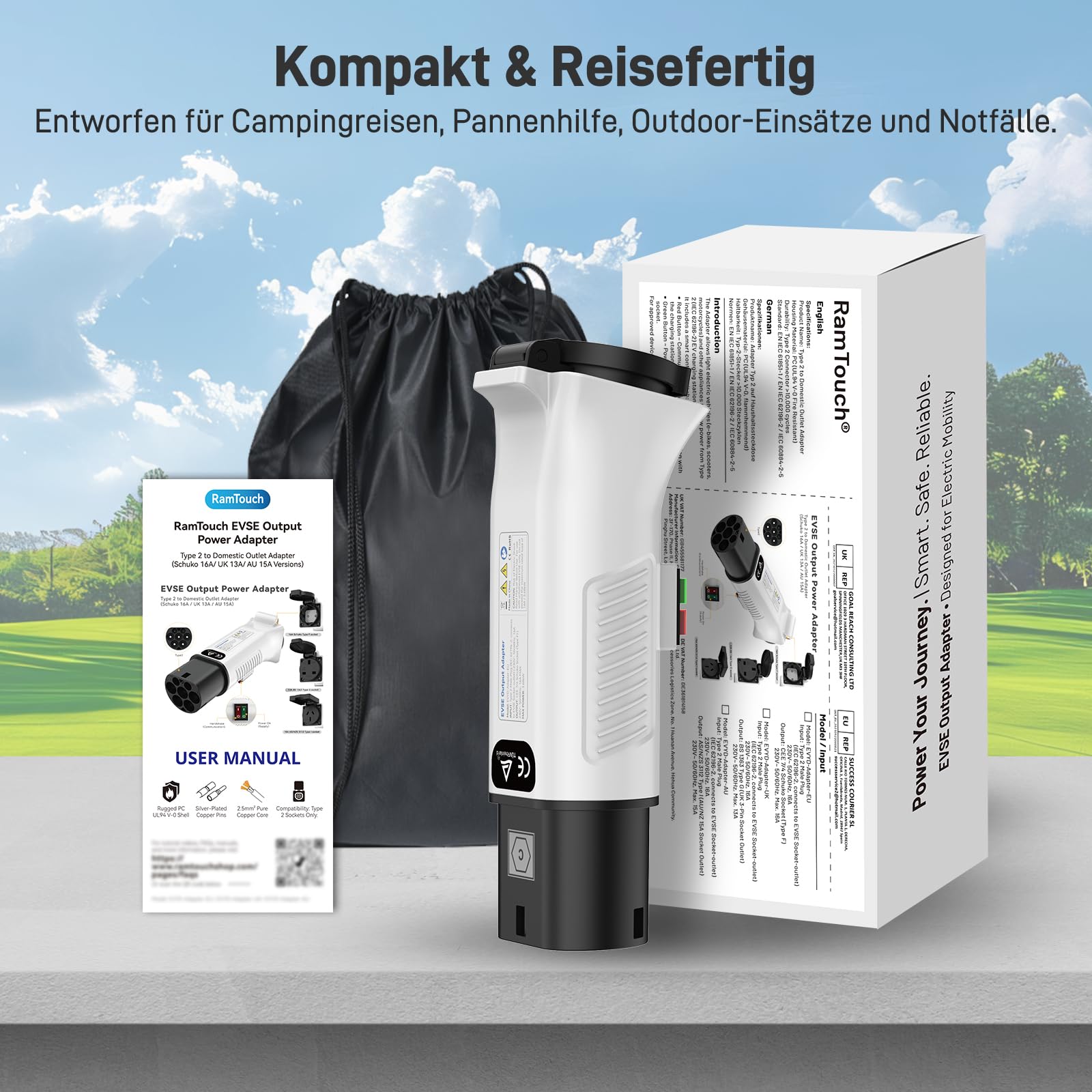Typ 2 auf Schuko Adapter für Ladestation & Wallbox (230 V, 16 A, 3,68 kW, IP44) | Typ 2 Stecker auf Schuko-Steckdose für E-Bike, E-Scooter, Motorrad & Elektrorollstuhl (Nicht für V2L)