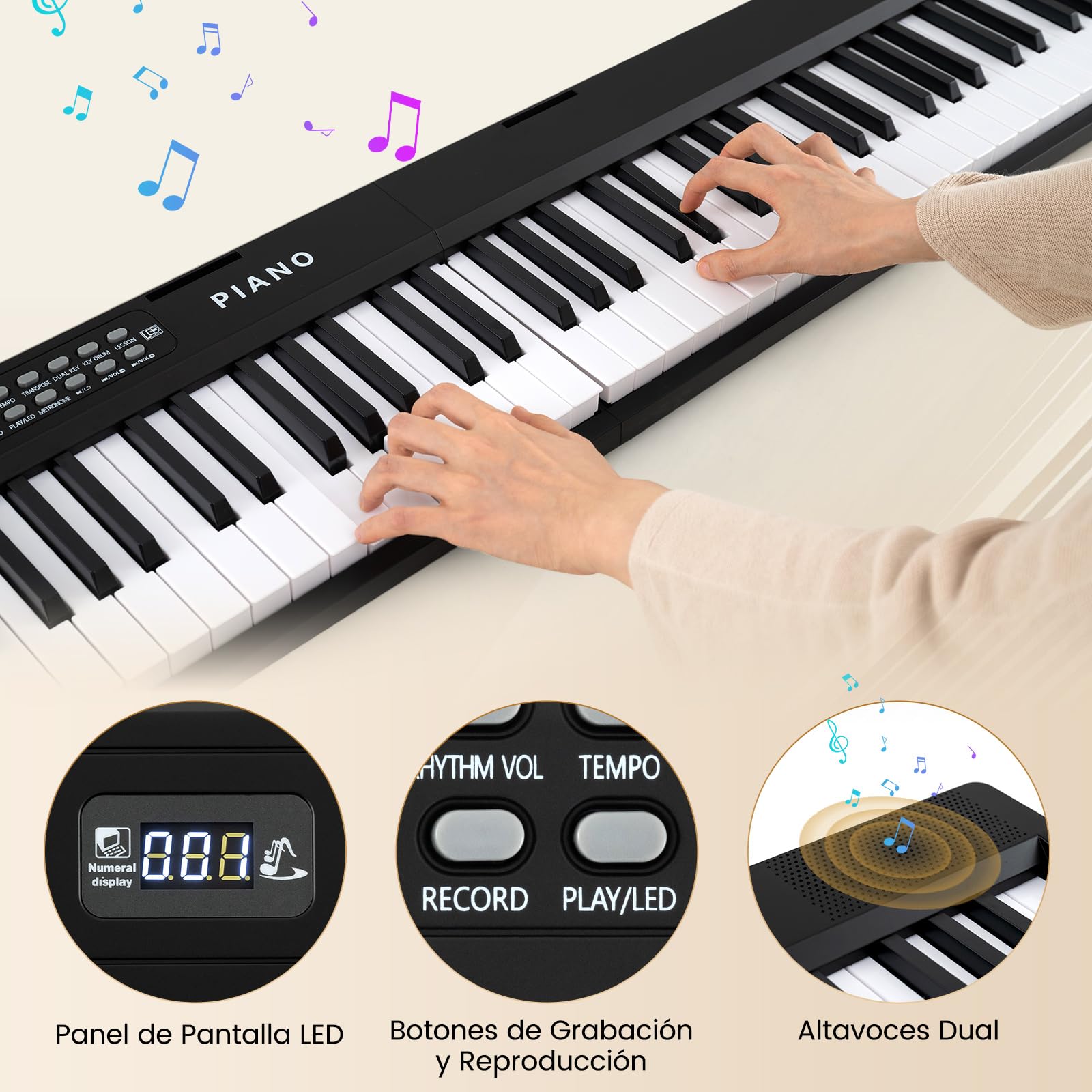 COSTWAY Teclado Piano Plegable de 88 Teclas, Teclas Piano de Teclado Digital con Teclas Semipesadas y Función de División, 3 Modos de Enseñanza, Pedal de Sustain, Piano Digital con Altavoces