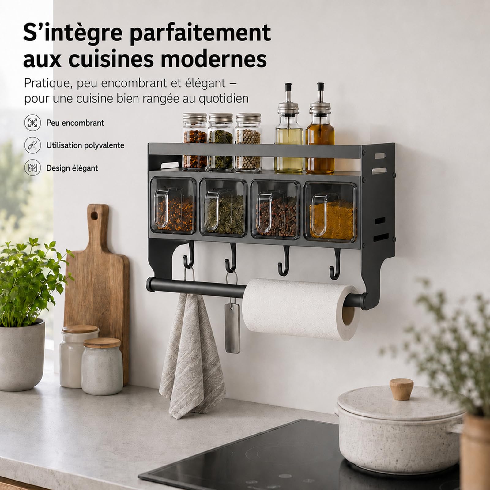 Porte-épices sans perçage, porte-épices pour cuisine à suspendre, avec porte-rouleau d'épices mural avec pots pour le stockage dans la cuisine d'épices,huile (avec 4 boîtes