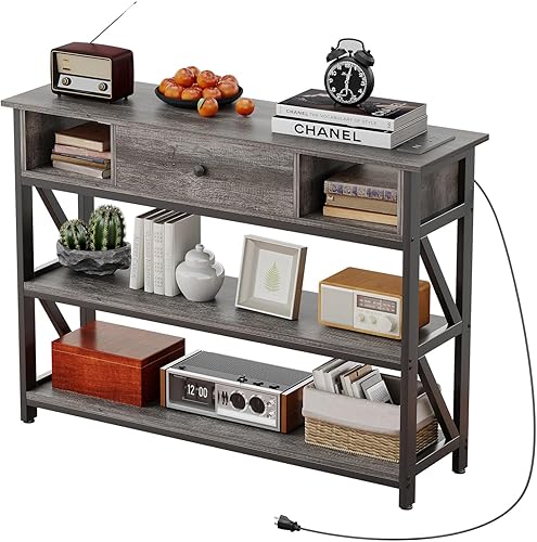 Mexin 39 Inch Console Table with 2 Outlet and 2 USB Ports, Entryway Table with Drawer and Storage Shelves, Narrow Sofa Table for Living Room and