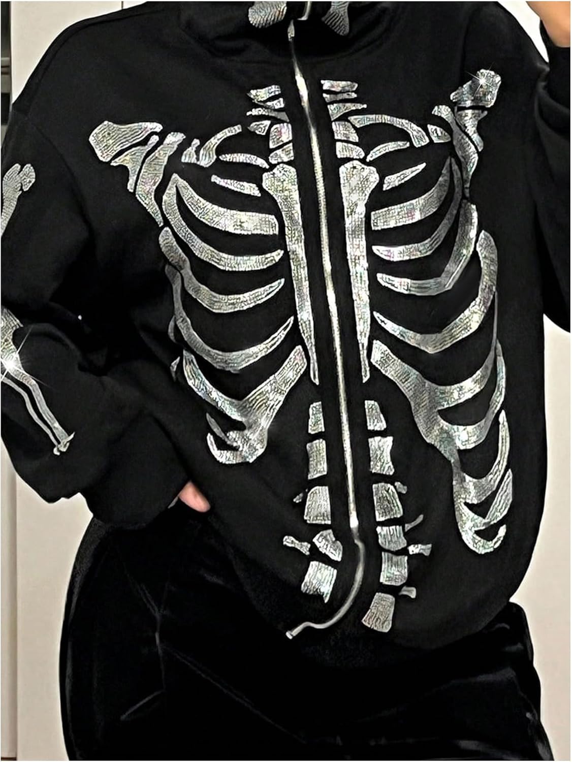 Women's Skeleton Graphic Hoodie Y2k Gothic Zip Up Rhinestone Long Sleeve Hooded Sweatshirt Jacket Streetwear - Image 3