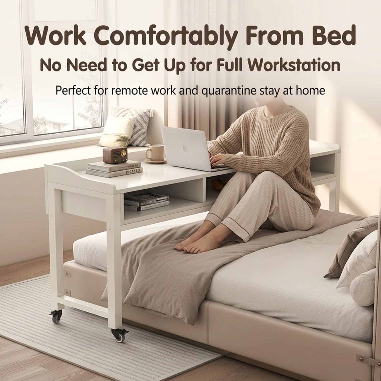 Mesa Cama para computadora portátil con Ruedas, Mesa Cama Trabajo sobre la Cama para Hospital, Escritorio Cama móvil para el hogar con deflectores.(Wit,120cm)