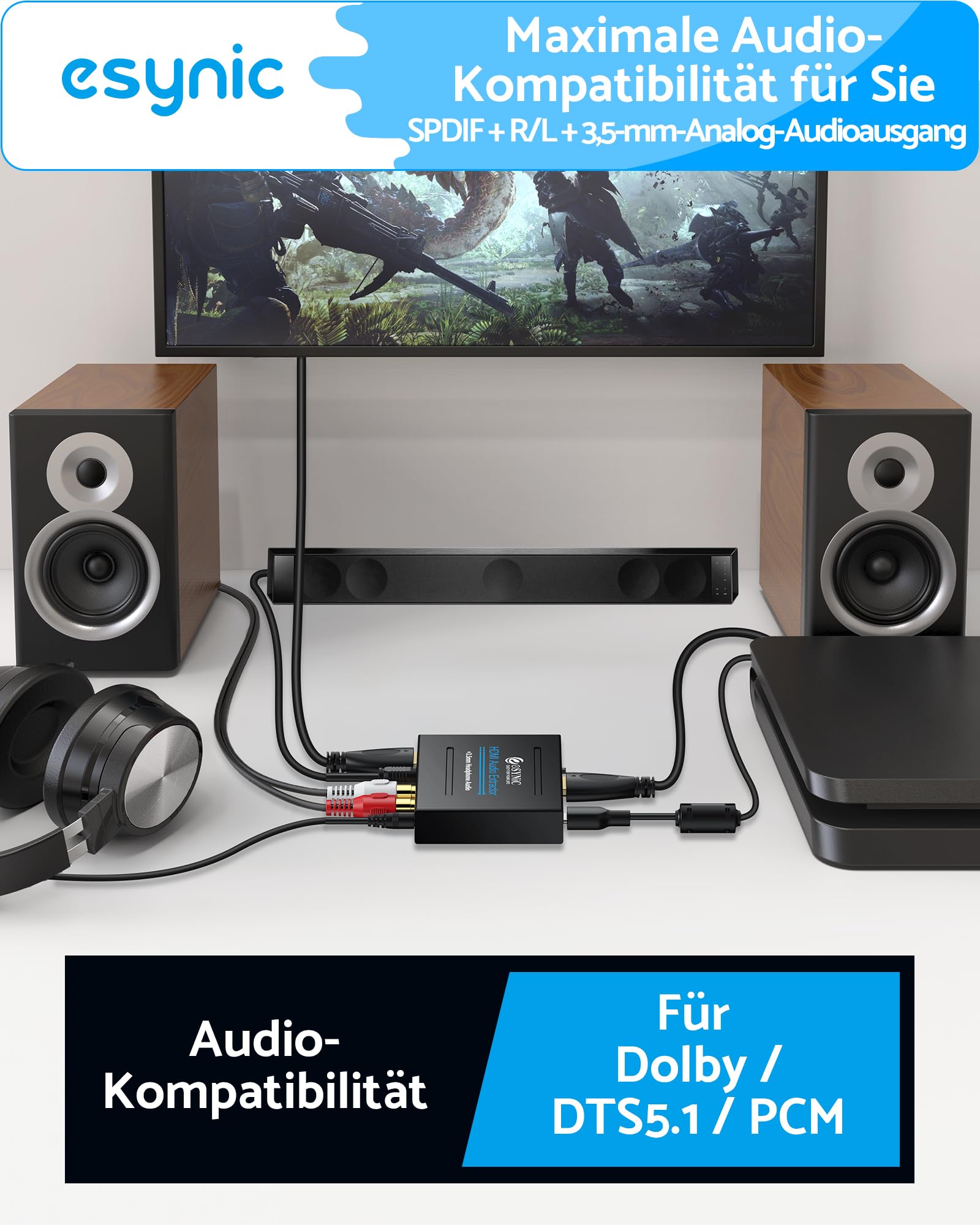 eSynic Professioneller HDMI-Audio-Extraktor, 4K-HDMI-Optischer Adapter, Audio-Splitter mit SPDIF, L/R und 3,5 mm Ausgang für PCM2.0, Dolby, DTS5.1