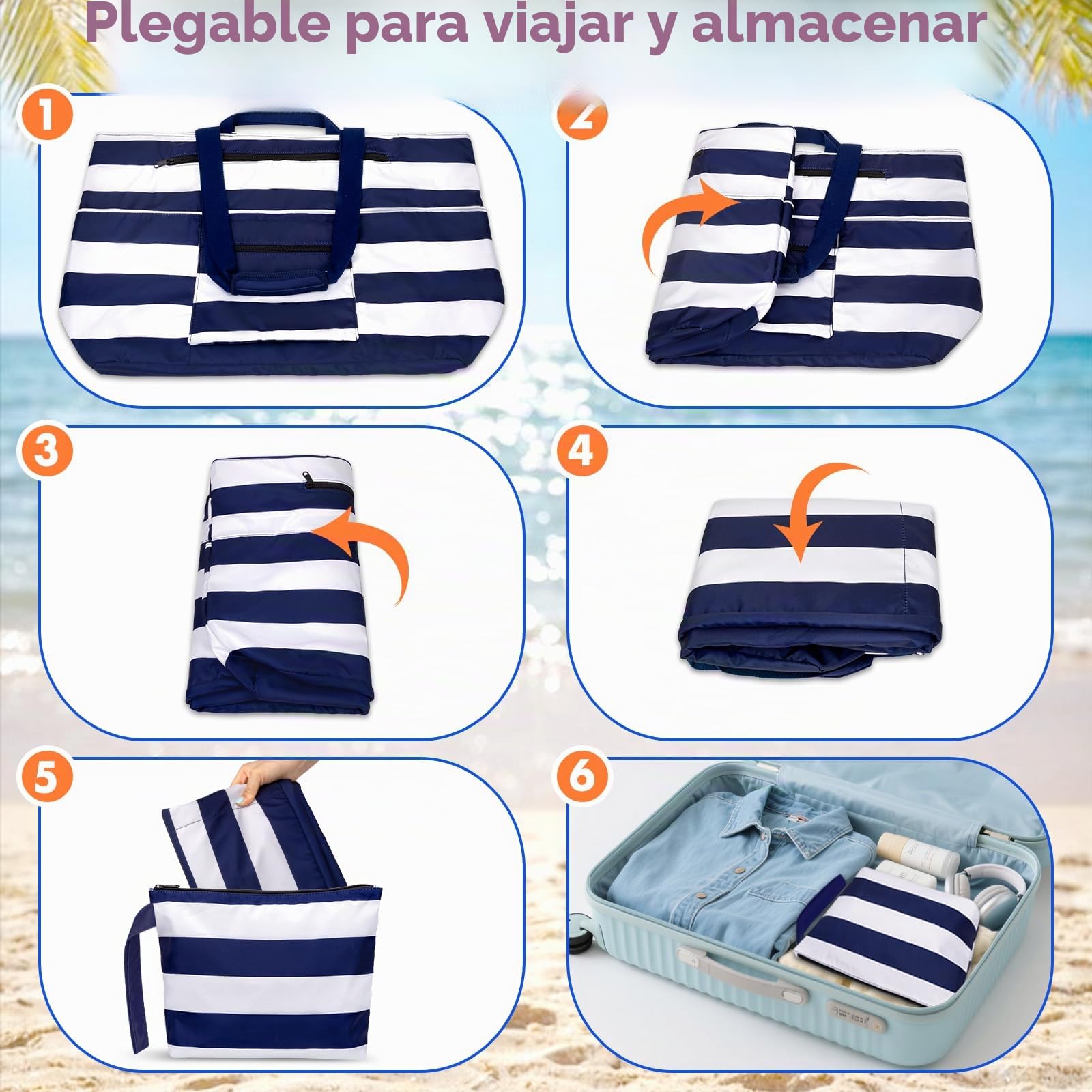 Bolsa de Playa Grande XXL con Cremallera Bolso Playa Familiar 50L Impermeable Bolso de Viaje Mujer Plegable Beach Tote Bag con 14 Bolsillos Shopper para Piscina Picnic Gimnasio (Azul Rayas)