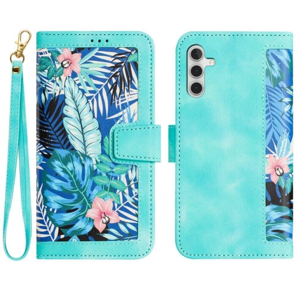 Étui Galaxy A25 5G protégez votre écran des rayures grâce au rabat cuir fleur vert