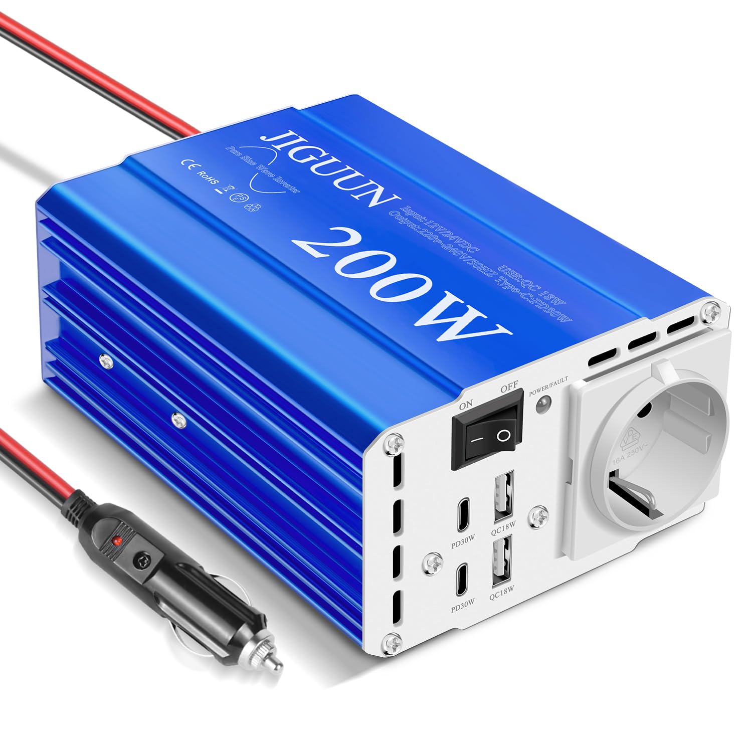 JIGUUN 200W Inversor 12V/24V 220V Onda Pura Convertidor Inverter Potencia máxima 400W con 1 Enchufe EU 2 Puertos USB 2 Puertos Tipo C 30W para Coche, Camping, Viajes y emergencias